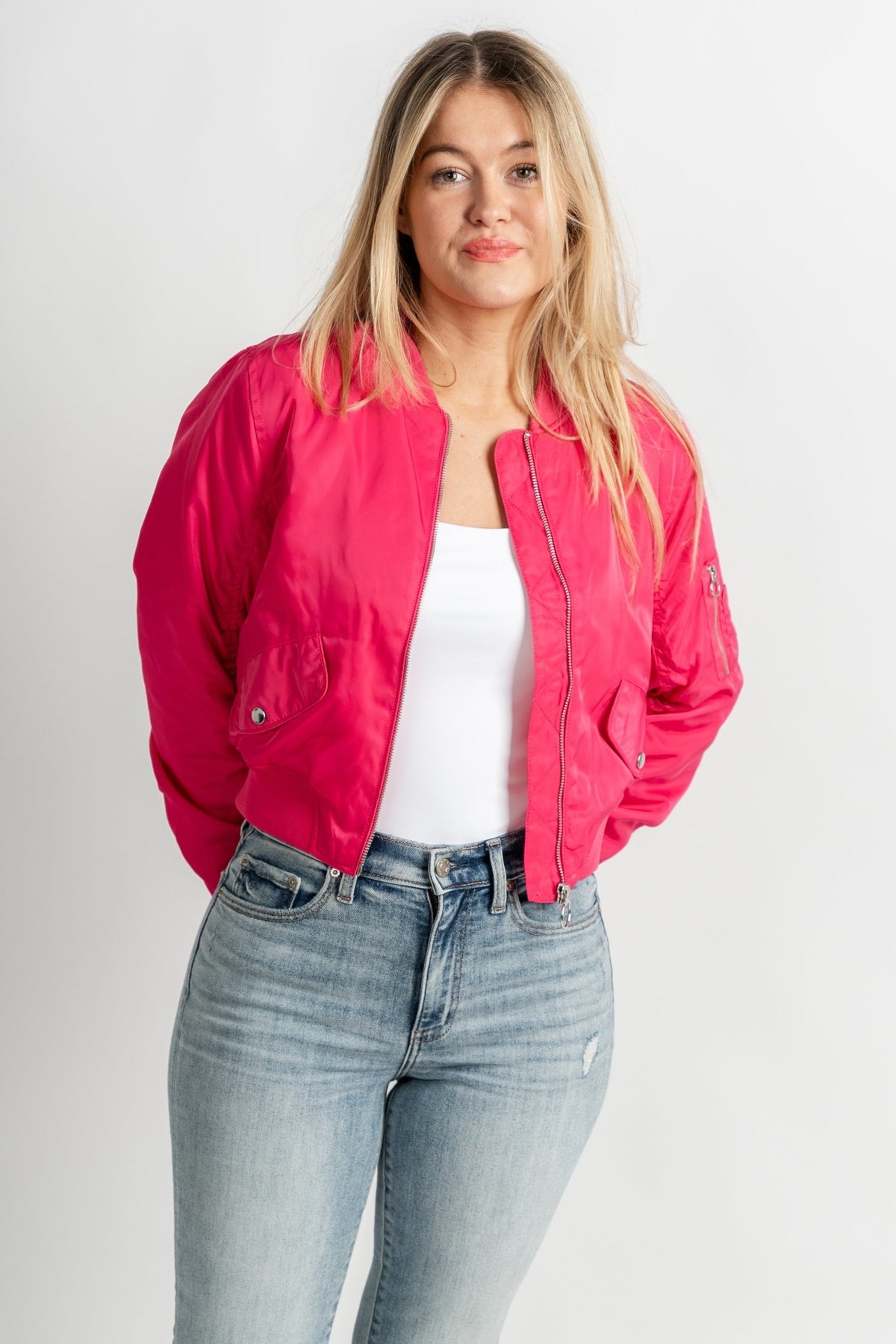 Cargo bomber jacket fuchsia - Trendy T-Shirts for Valentine's Day at Lush Fashion Lounge Boutique in Oklahoma City