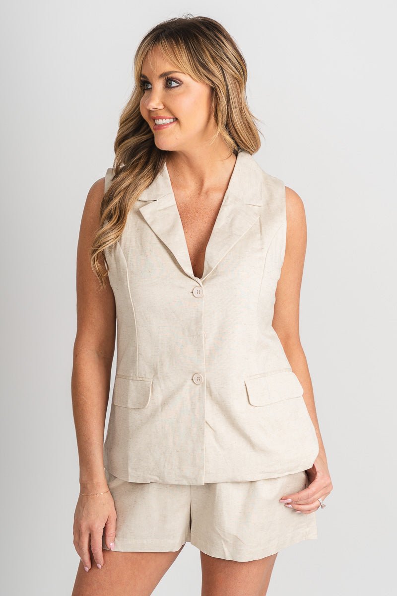 Sleeveless linen blazer natural – Affordable Blazers | Cute Black Jackets at Lush Fashion Lounge Boutique in Oklahoma City