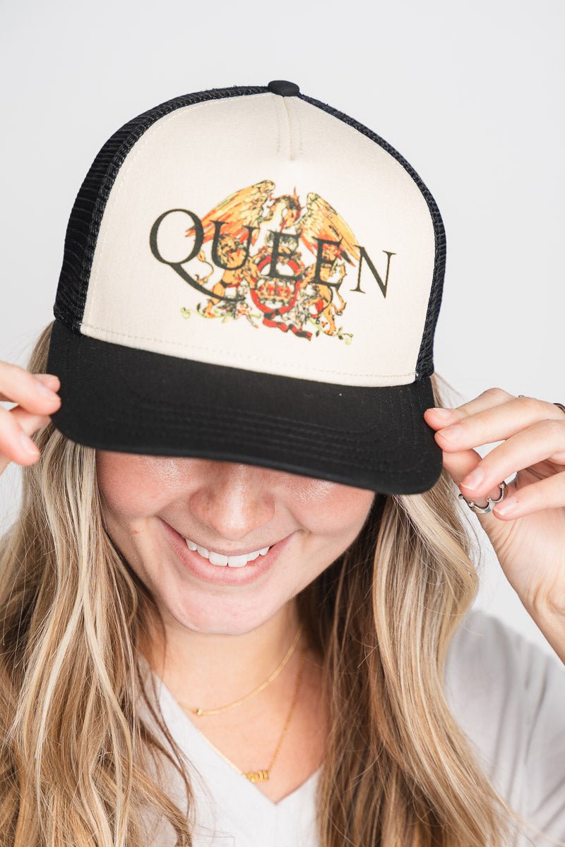 Queen sinclair trucker hat black/ivory - Trendy Band T-Shirts and Sweatshirts at Lush Fashion Lounge Boutique in Oklahoma City