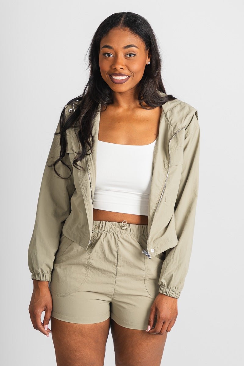 Zip up windbreaker light olive - Trendy jacket - Cute Loungewear Collection at Lush Fashion Lounge Boutique in Oklahoma City