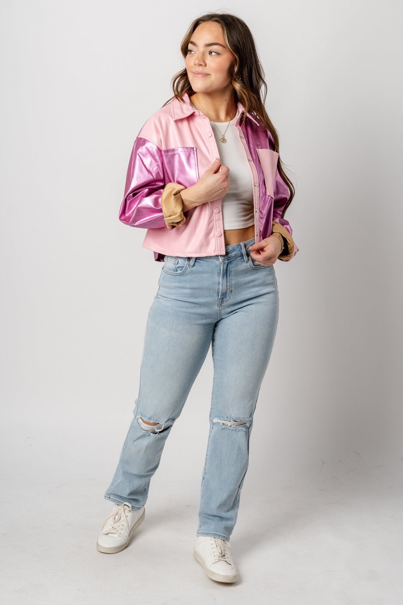 Color block faux leather shacket metallic pink – Unique Blazers | Cute Blazers For Women at Lush Fashion Lounge Boutique in Oklahoma City
