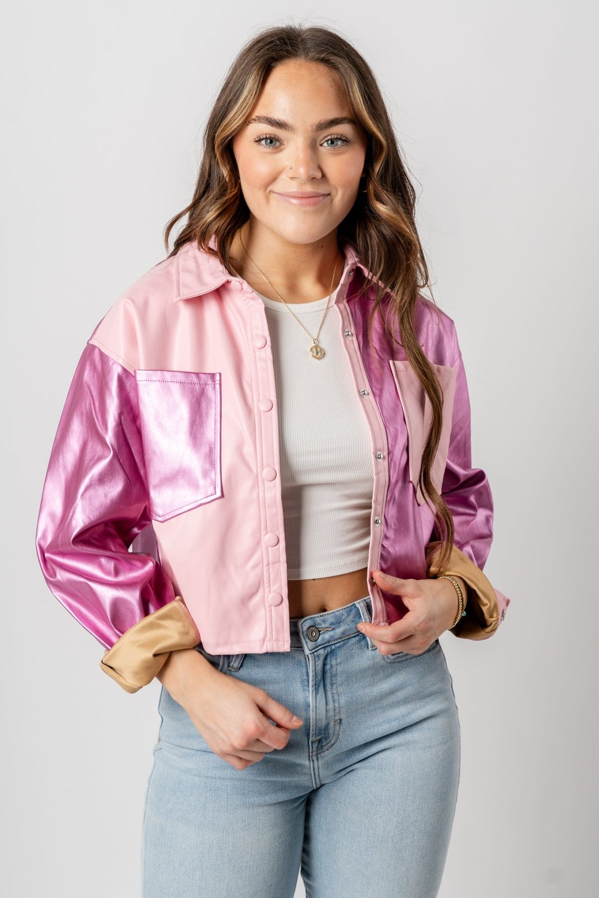 Color block faux leather shacket metallic pink – Trendy Jackets | Cute Fashion Blazers at Lush Fashion Lounge Boutique in Oklahoma City
