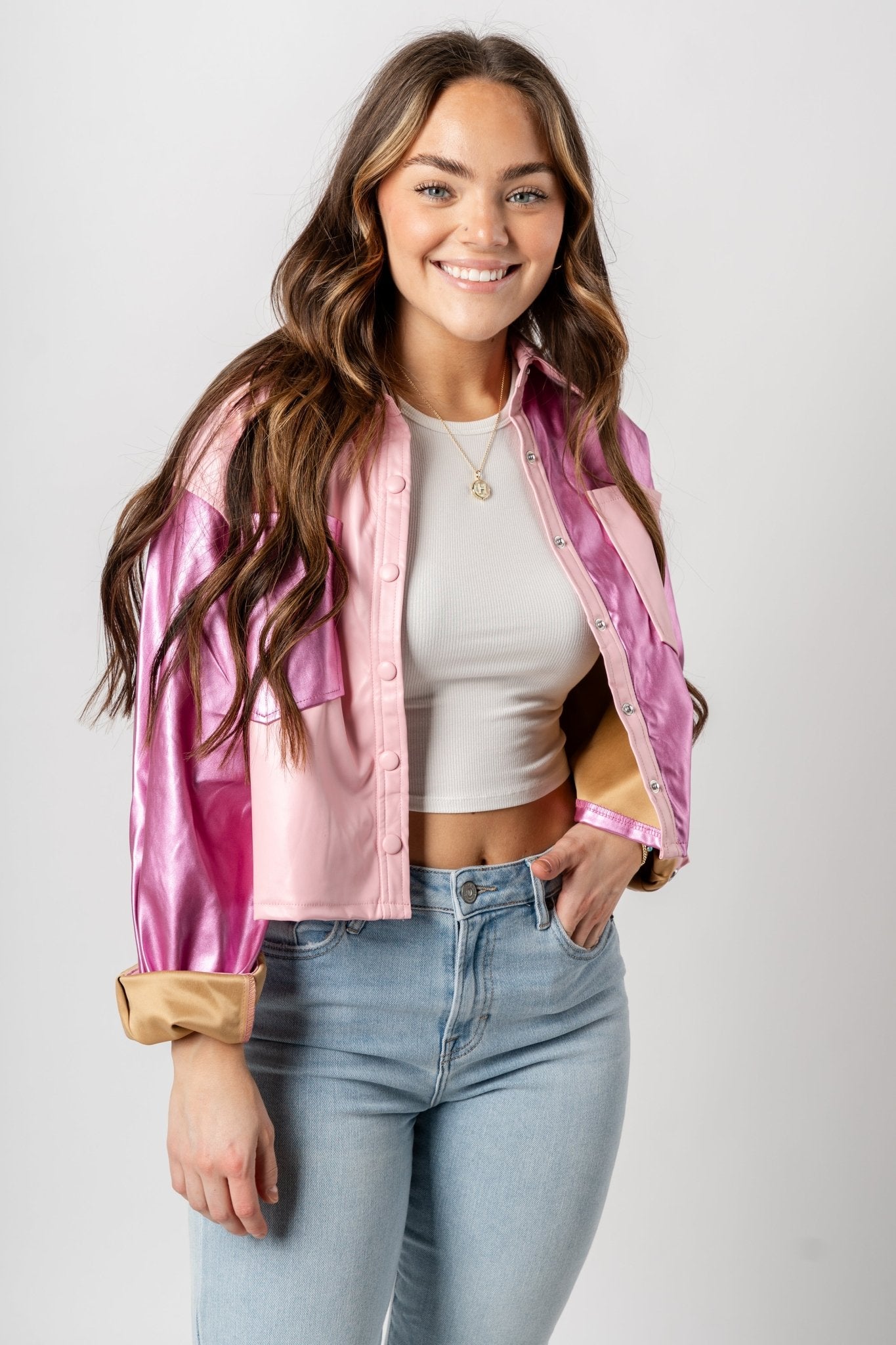 Color block faux leather shacket metallic pink – Affordable Blazers | Cute Black Jackets at Lush Fashion Lounge Boutique in Oklahoma City