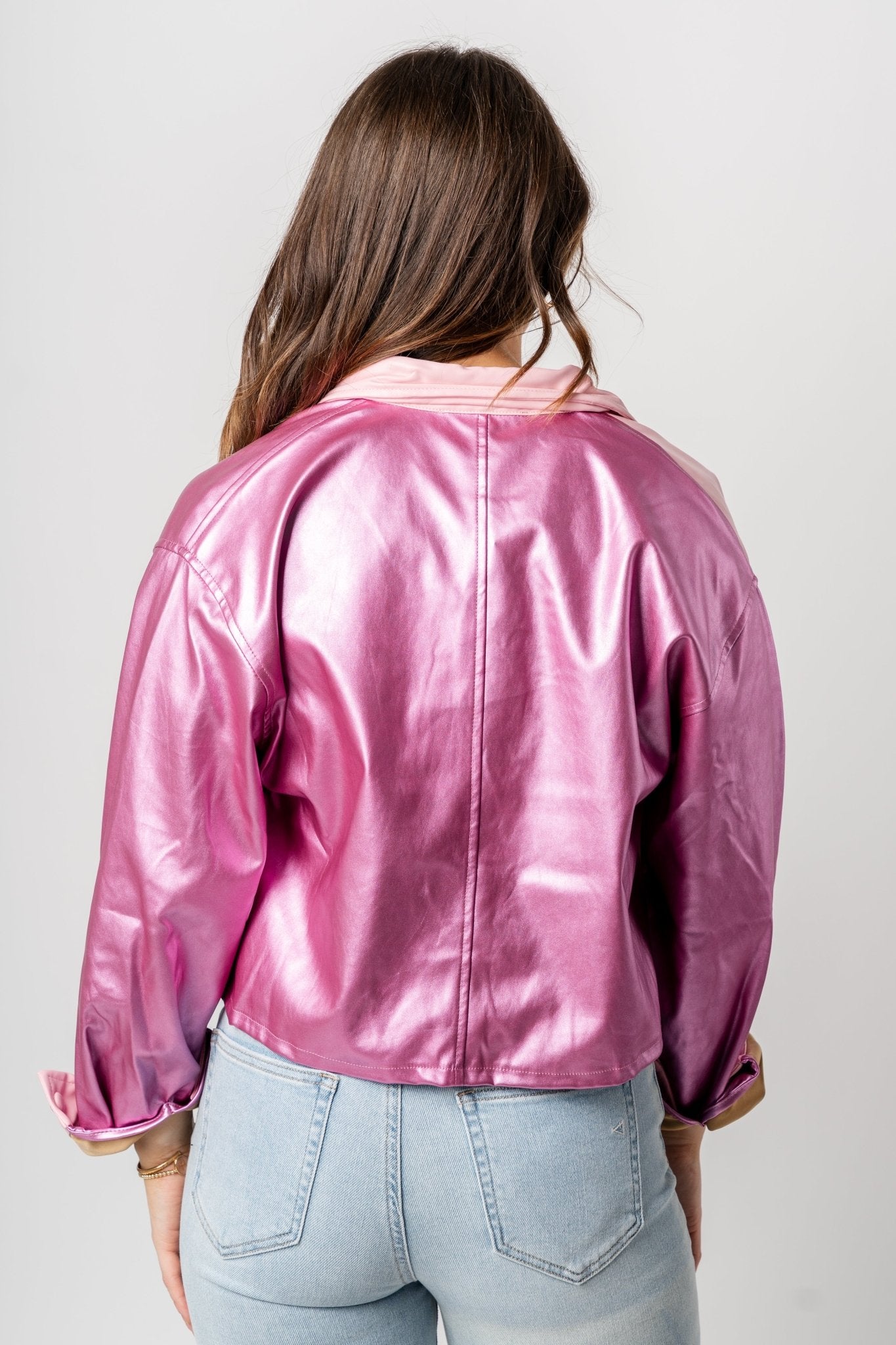 Color block faux leather shacket metallic pink