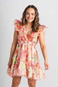 Floral ruffle dress pink/yellow - Affordable Dress - Boutique Dresses at Lush Fashion Lounge Boutique in Oklahoma City