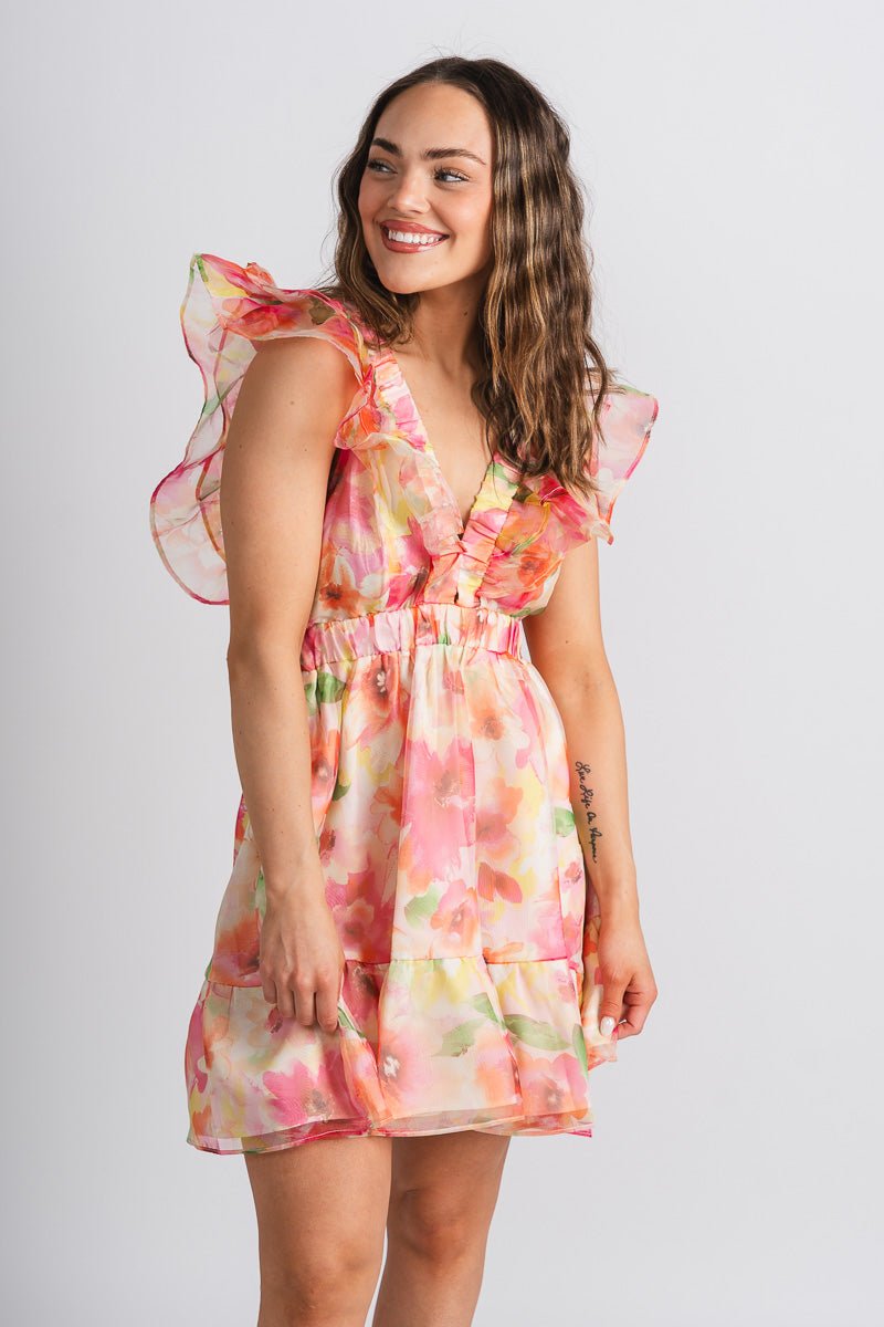 Floral ruffle dress pink/yellow - Cute Dress - Trendy Dresses at Lush Fashion Lounge Boutique in Oklahoma City
