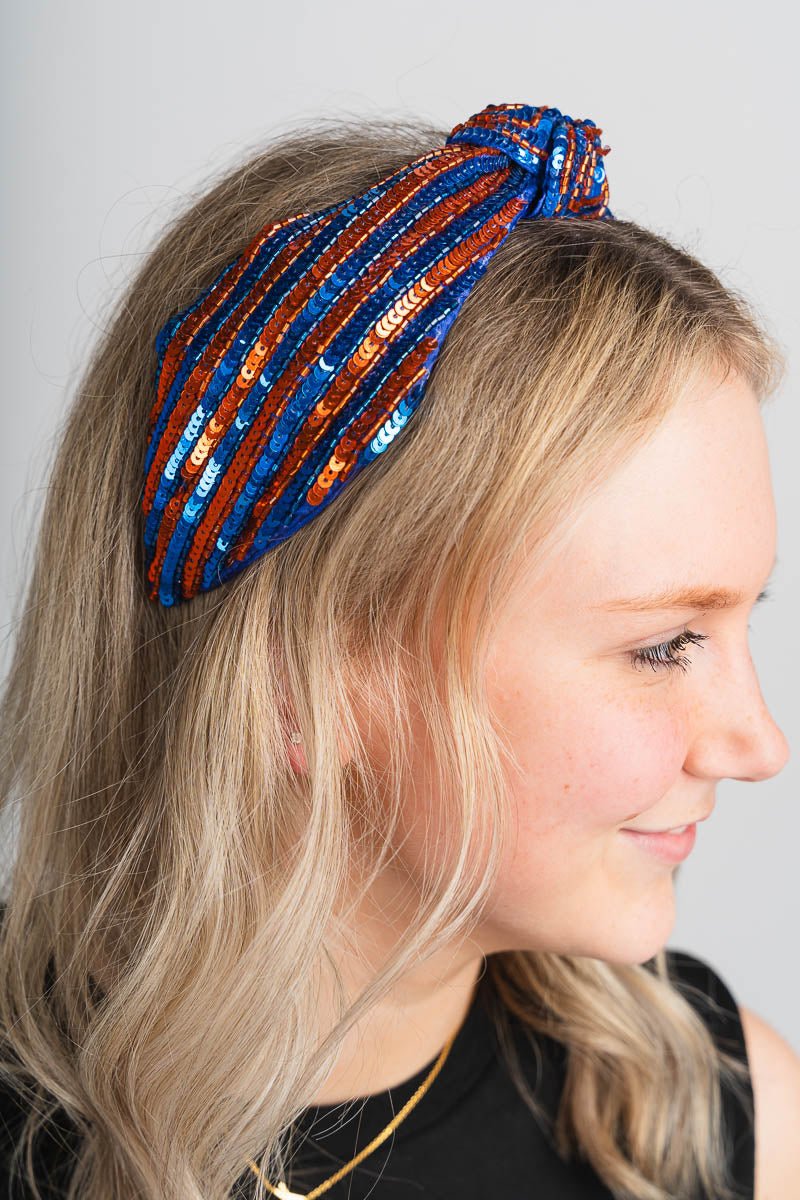 Sequin knot headband blue/orange - Trendy OKC Apparel at Lush Fashion Lounge Boutique in Oklahoma City