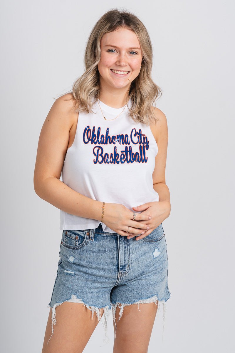 OKC basketball script crop tank top white - Oklahoma City inspired graphic t-shirts at Lush Fashion Lounge Boutique in Oklahoma City