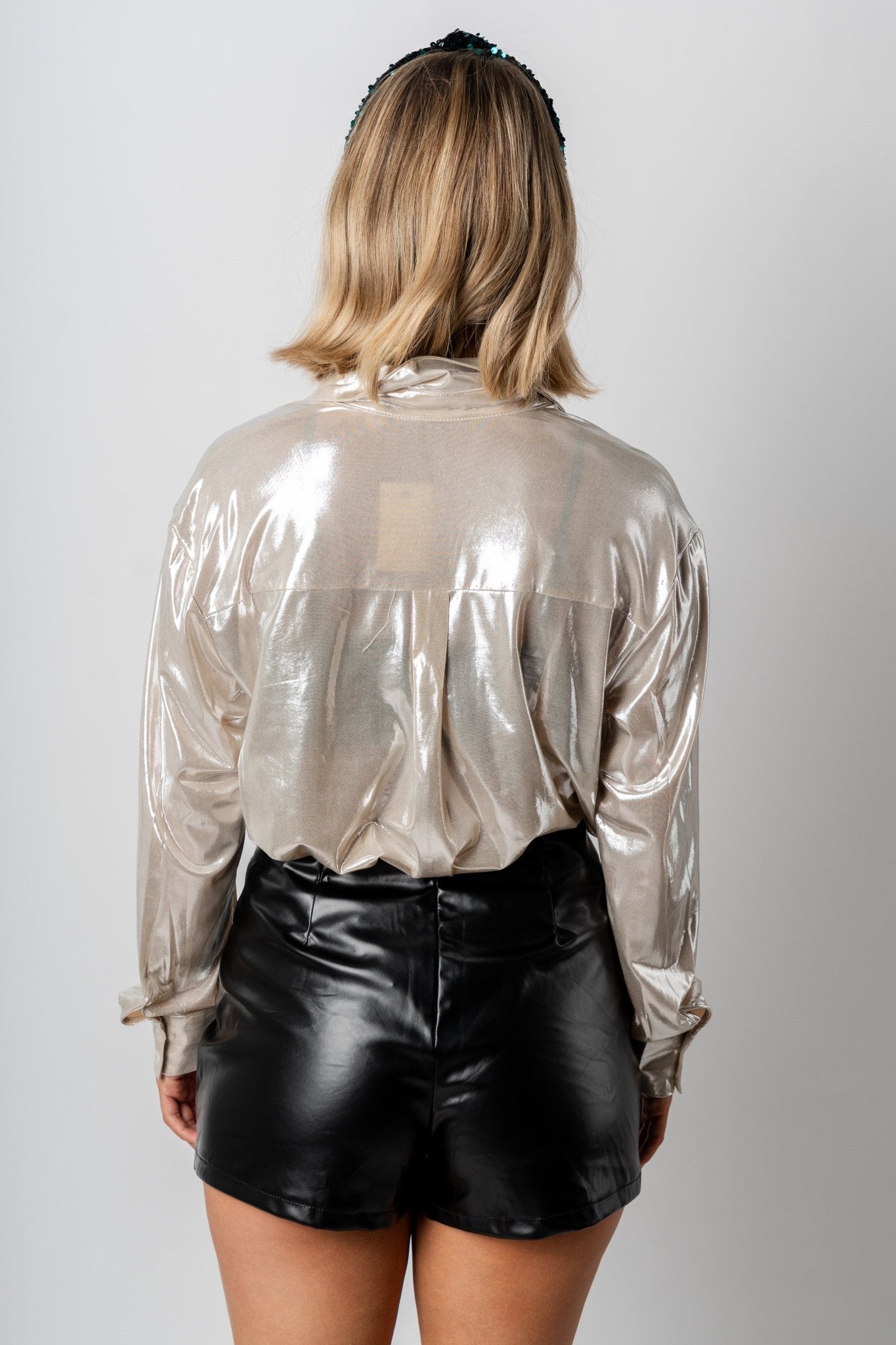 Metallic button up top champagne - Exclusive Collection of Holiday Inspired T-Shirts and Hoodies at Lush Fashion Lounge Boutique in Oklahoma City