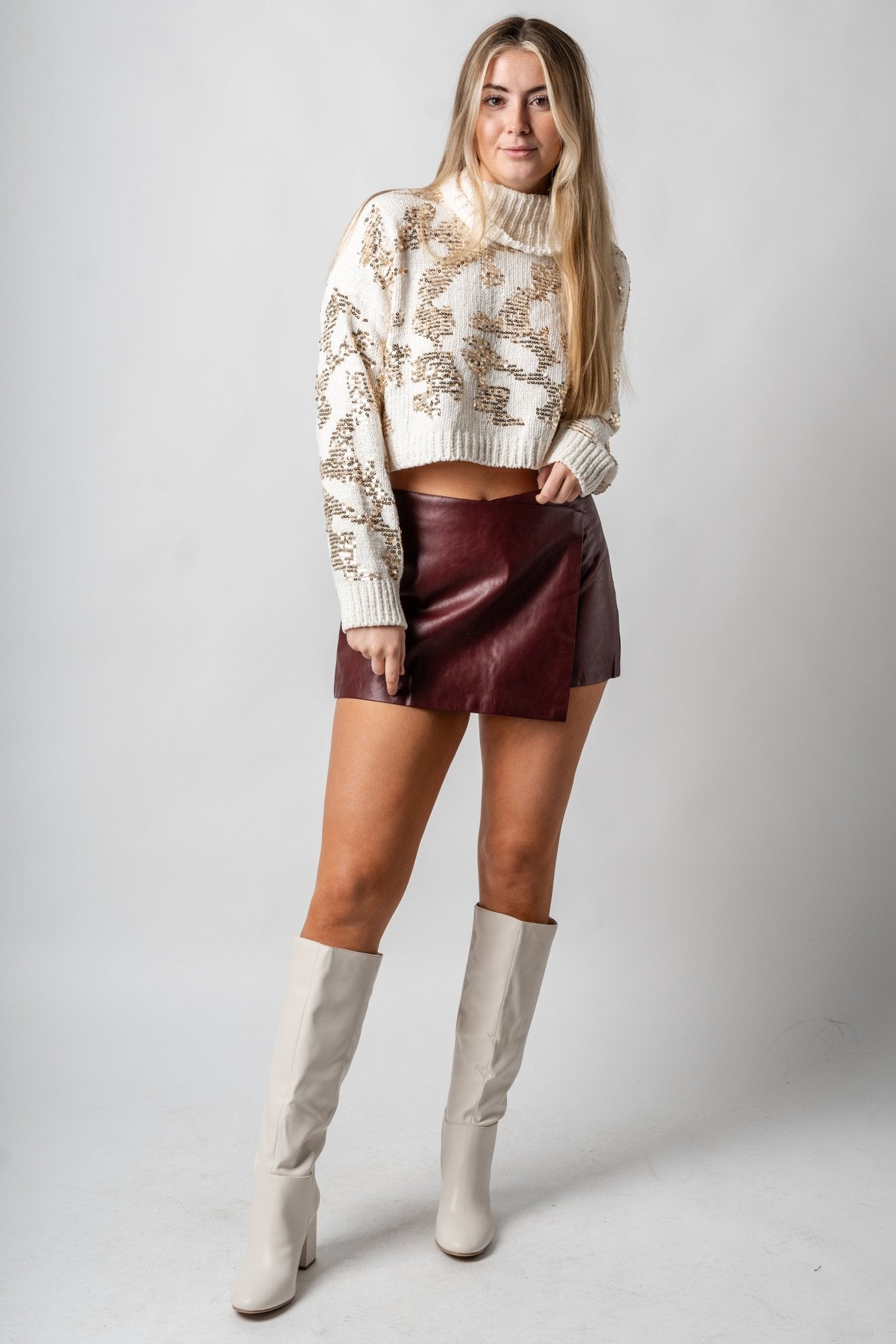 Sequin turtleneck crop sweater cream/gold - Exclusive Collection of Holiday Inspired T-Shirts and Hoodies at Lush Fashion Lounge Boutique in Oklahoma City