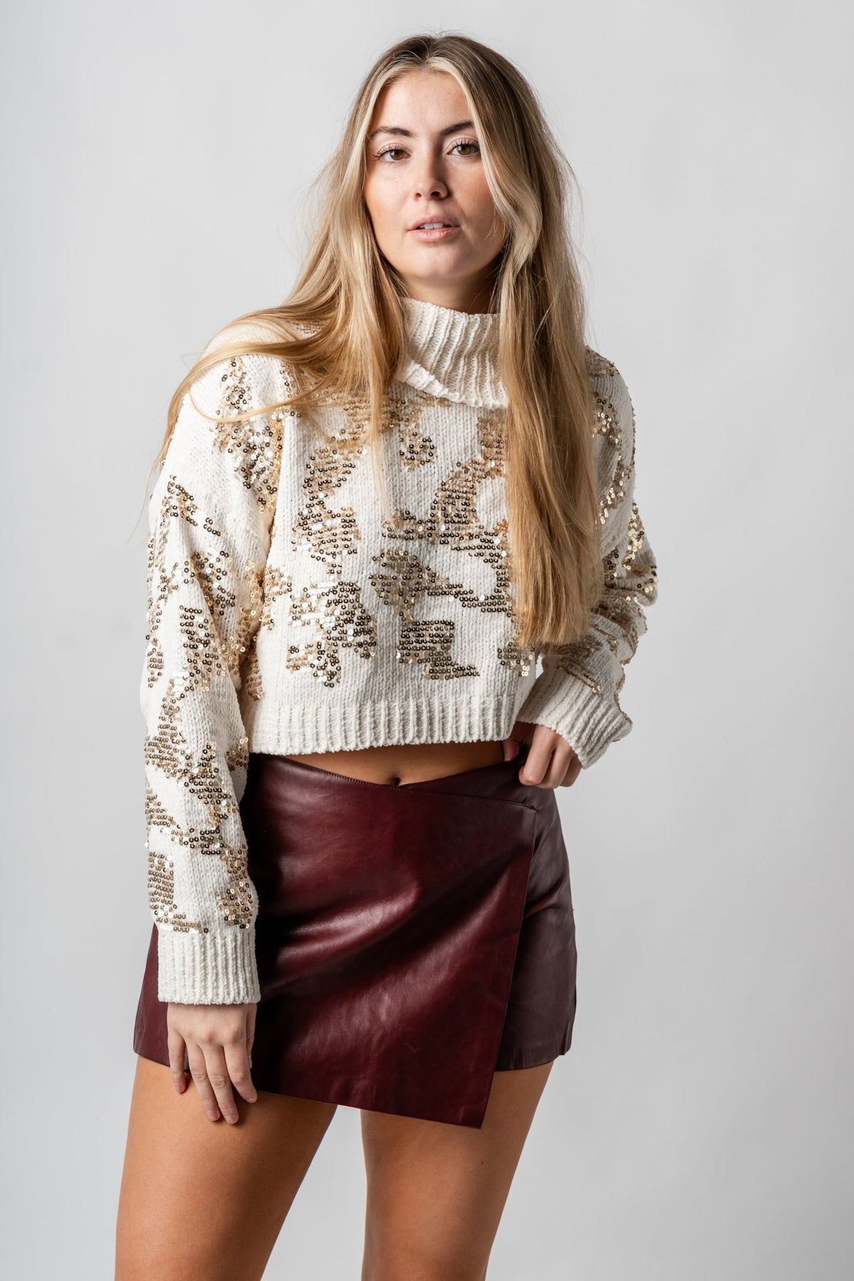 Sequin turtleneck crop sweater cream/gold - Trendy Holiday Apparel at Lush Fashion Lounge Boutique in Oklahoma City