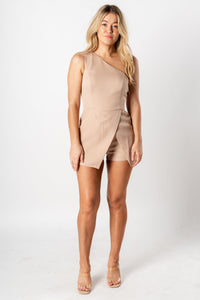 One shoulder wrap romper latte - Trendy Romper - Fashion Rompers & Pantsuits at Lush Fashion Lounge Boutique in Oklahoma City