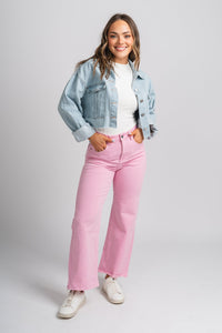 Cropped denim jacket light blue - Affordable jacket - Unique Easter Style at Lush Fashion Lounge Boutique in Oklahoma