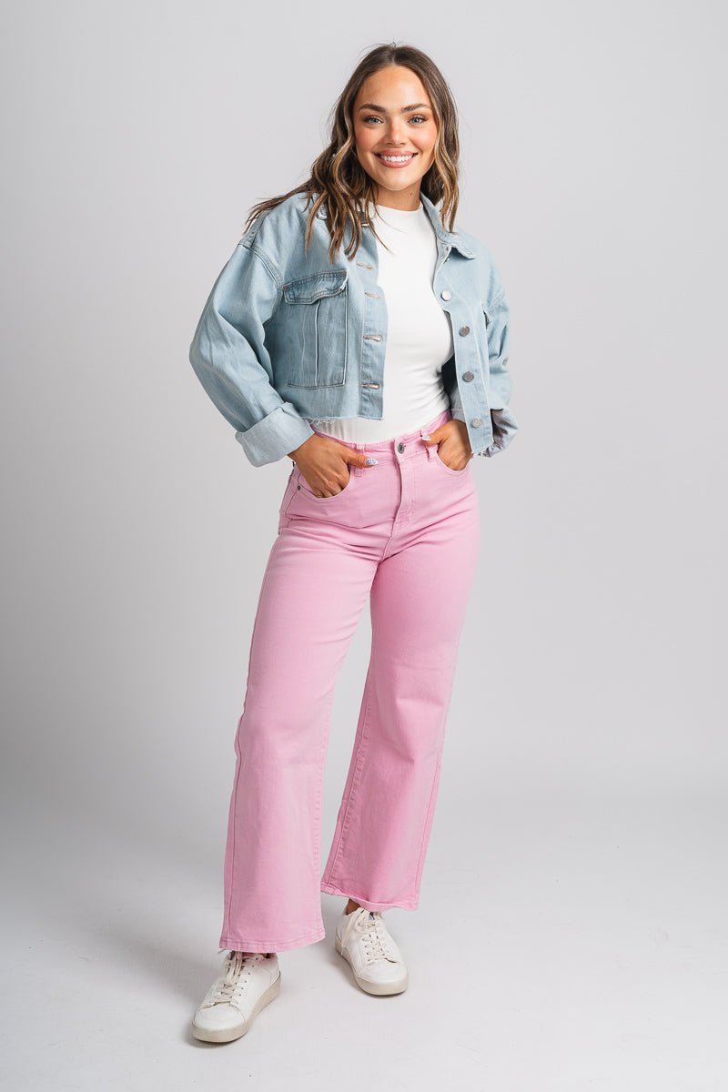 Cargo denim jacket light denim – Unique Blazers | Cute Blazers For Women at Lush Fashion Lounge Boutique in Oklahoma City