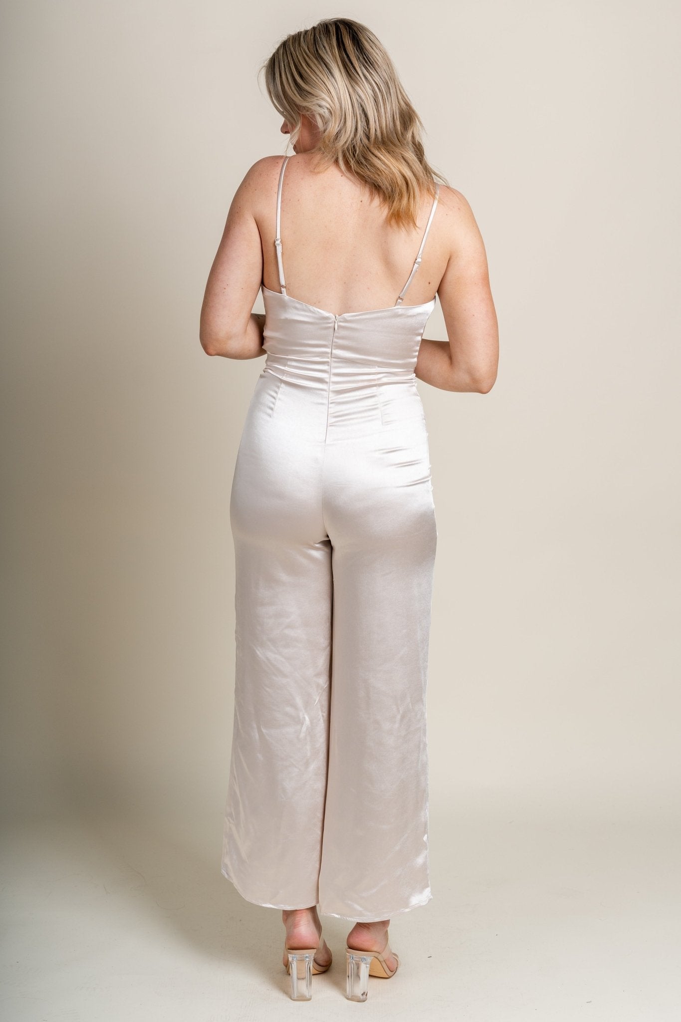 Cowl neck satin jumpsuit champagne Stylish Jumpsuit - Womens Fashion Rompers & Pantsuits at Lush Fashion Lounge Boutique in Oklahoma City