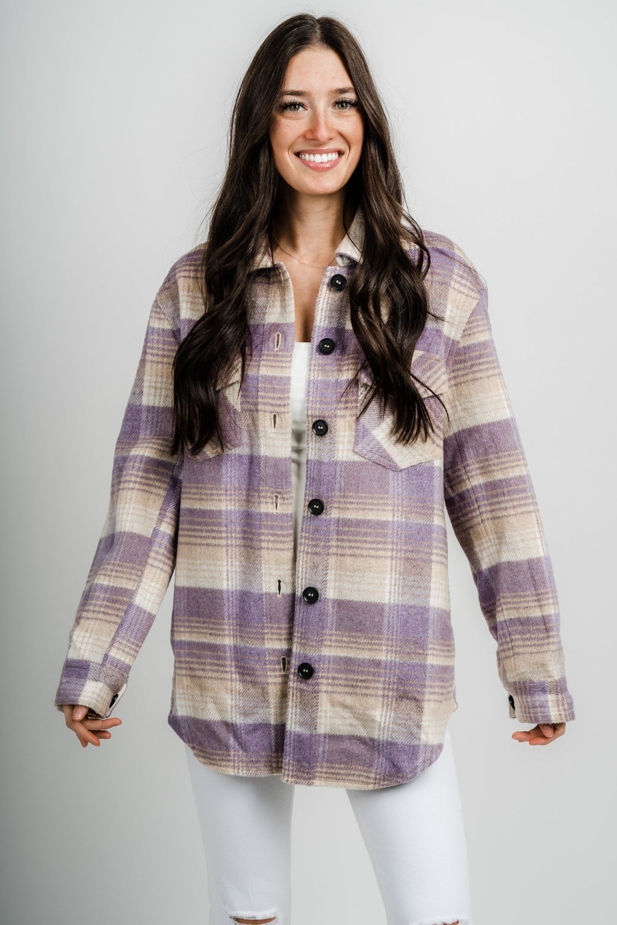 Plaid shacket lavender - Trendy T-Shirts for Valentine's Day at Lush Fashion Lounge Boutique in Oklahoma City