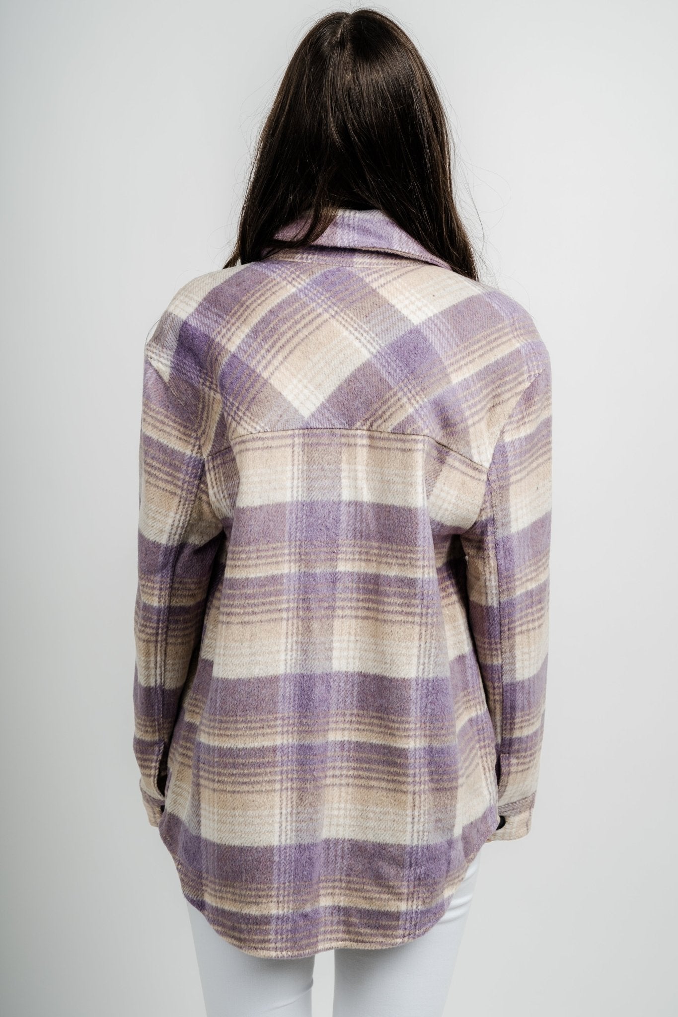 Plaid shacket lavender - Affordable Cardigan - Boutique Jackets & Blazers at Lush Fashion Lounge Boutique in Oklahoma City