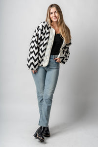 Aztec print faux fur jacket ivory/black – Unique Blazers | Cute Blazers For Women at Lush Fashion Lounge Boutique in Oklahoma City