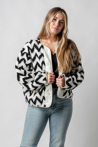 Aztec print faux fur jacket ivory/black – Affordable Blazers | Cute Black Jackets at Lush Fashion Lounge Boutique in Oklahoma City