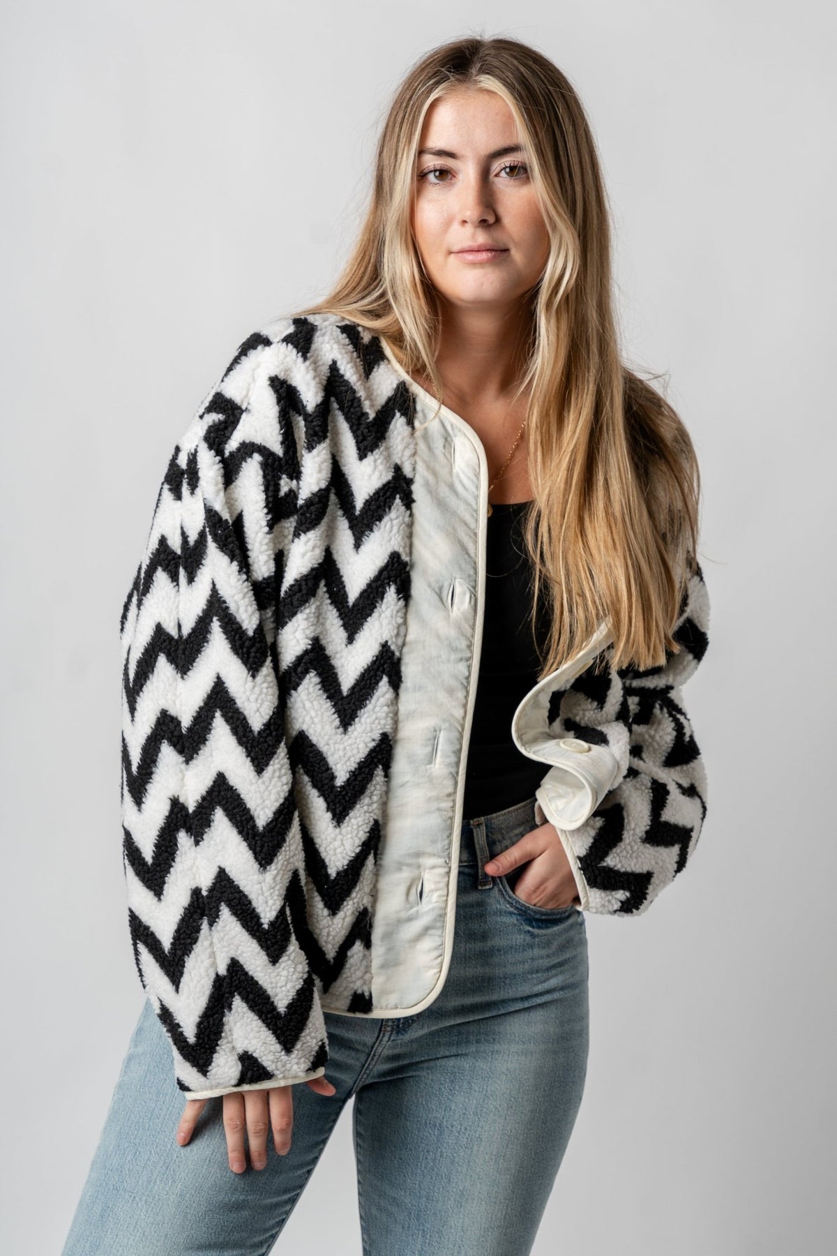Aztec print faux fur jacket ivory/black – Trendy Jackets | Cute Fashion Blazers at Lush Fashion Lounge Boutique in Oklahoma City