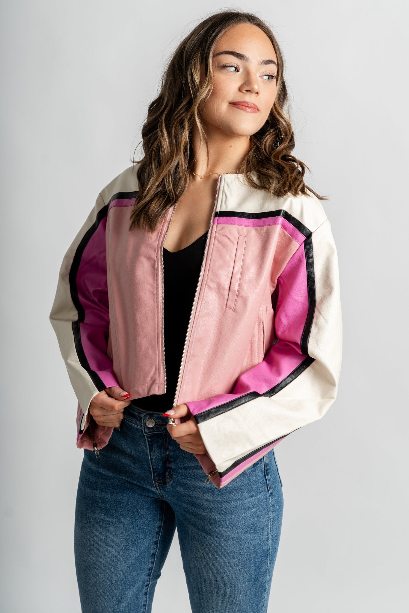 Barcelona faux leather moto jacket pink – Unique Blazers | Cute Blazers For Women at Lush Fashion Lounge Boutique in Oklahoma City