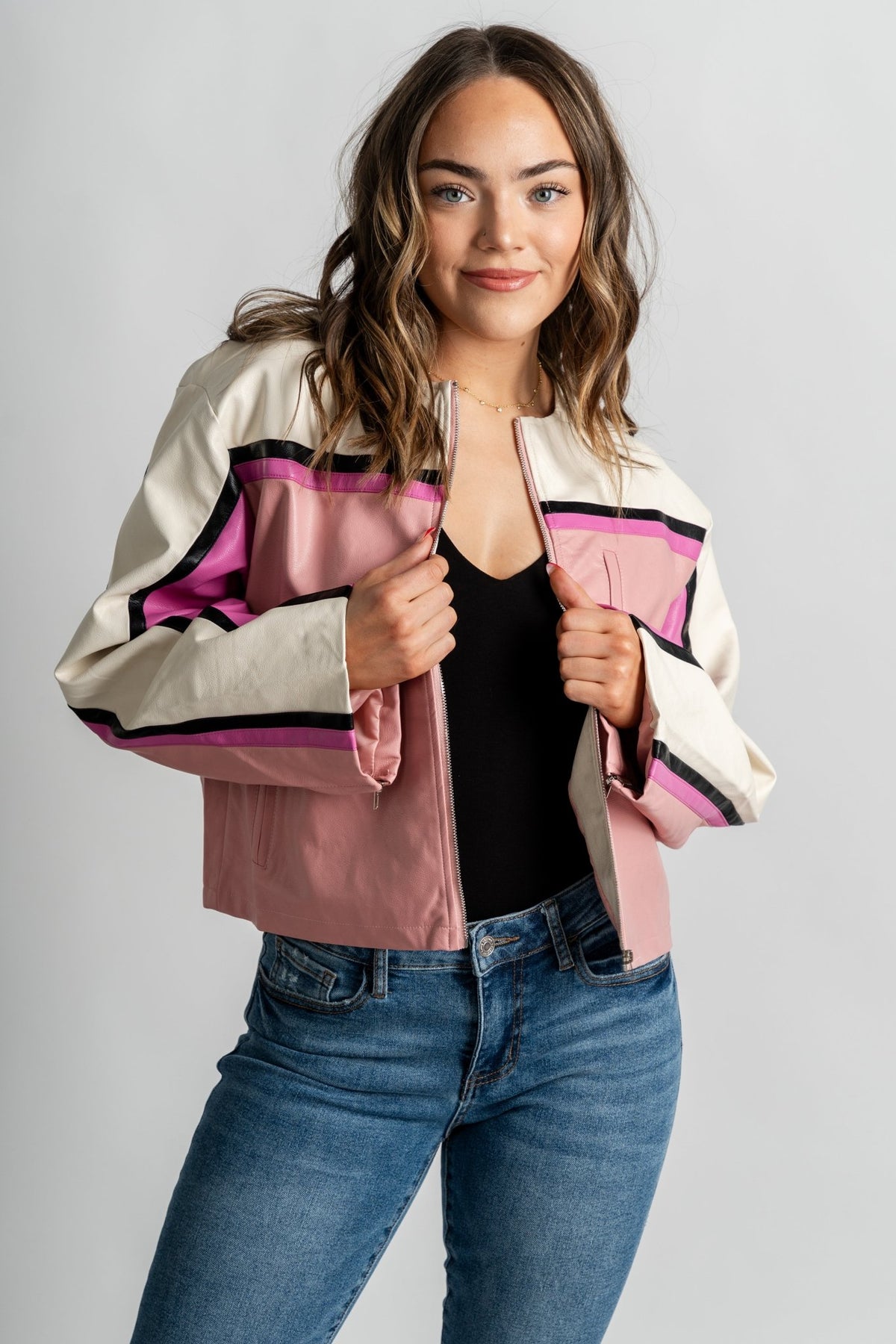 Barcelona faux leather moto jacket pink – Trendy Jackets | Cute Fashion Blazers at Lush Fashion Lounge Boutique in Oklahoma City