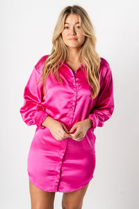 Satin button down dress magenta - Affordable Dresses - Boutique Dresses at Lush Fashion Lounge Boutique in Oklahoma City