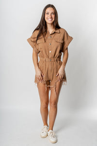 Distressed denim romper cafe latte - Trendy Romper - Fashion Rompers & Pantsuits at Lush Fashion Lounge Boutique in Oklahoma City
