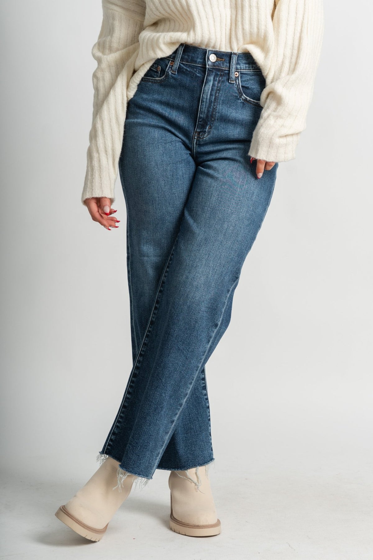 Daze pleaser high rise wide leg ankle jeans double text | Lush Fashion Lounge: boutique women's jeans, fashion jeans for women, affordable fashion jeans, cute boutique jeans