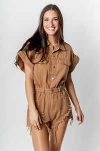 Distressed denim romper cafe latte - Affordable Romper - Boutique Rompers & Pantsuits at Lush Fashion Lounge Boutique in Oklahoma City