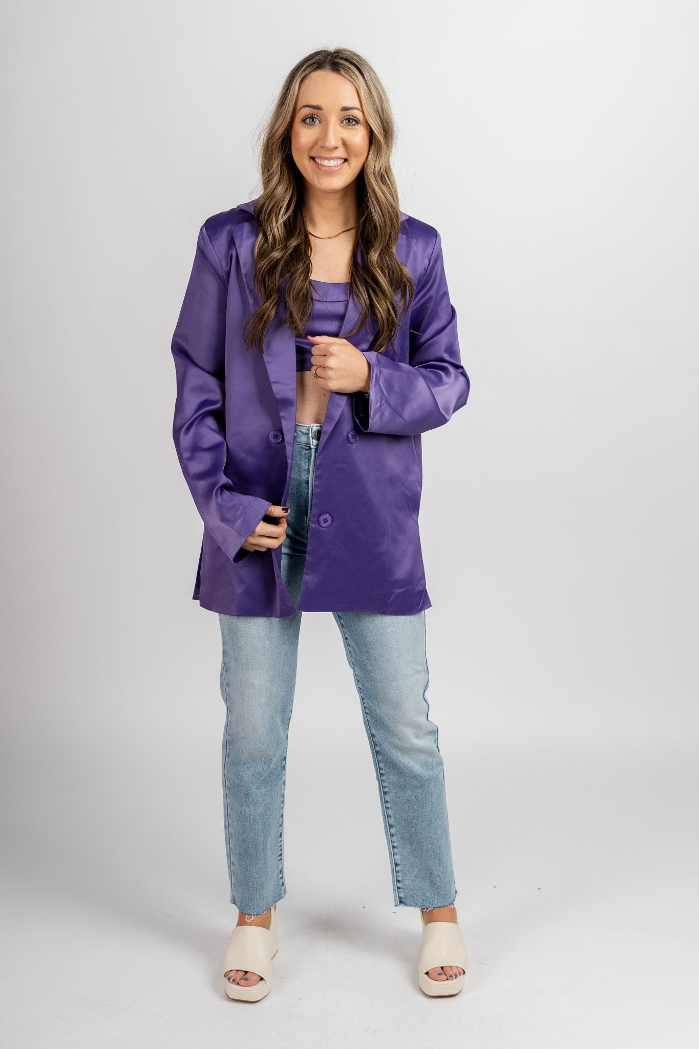 Satin blazer jacket grape Stylish blazer - Womens Fashion Jackets & Blazers at Lush Fashion Lounge Boutique in Oklahoma City