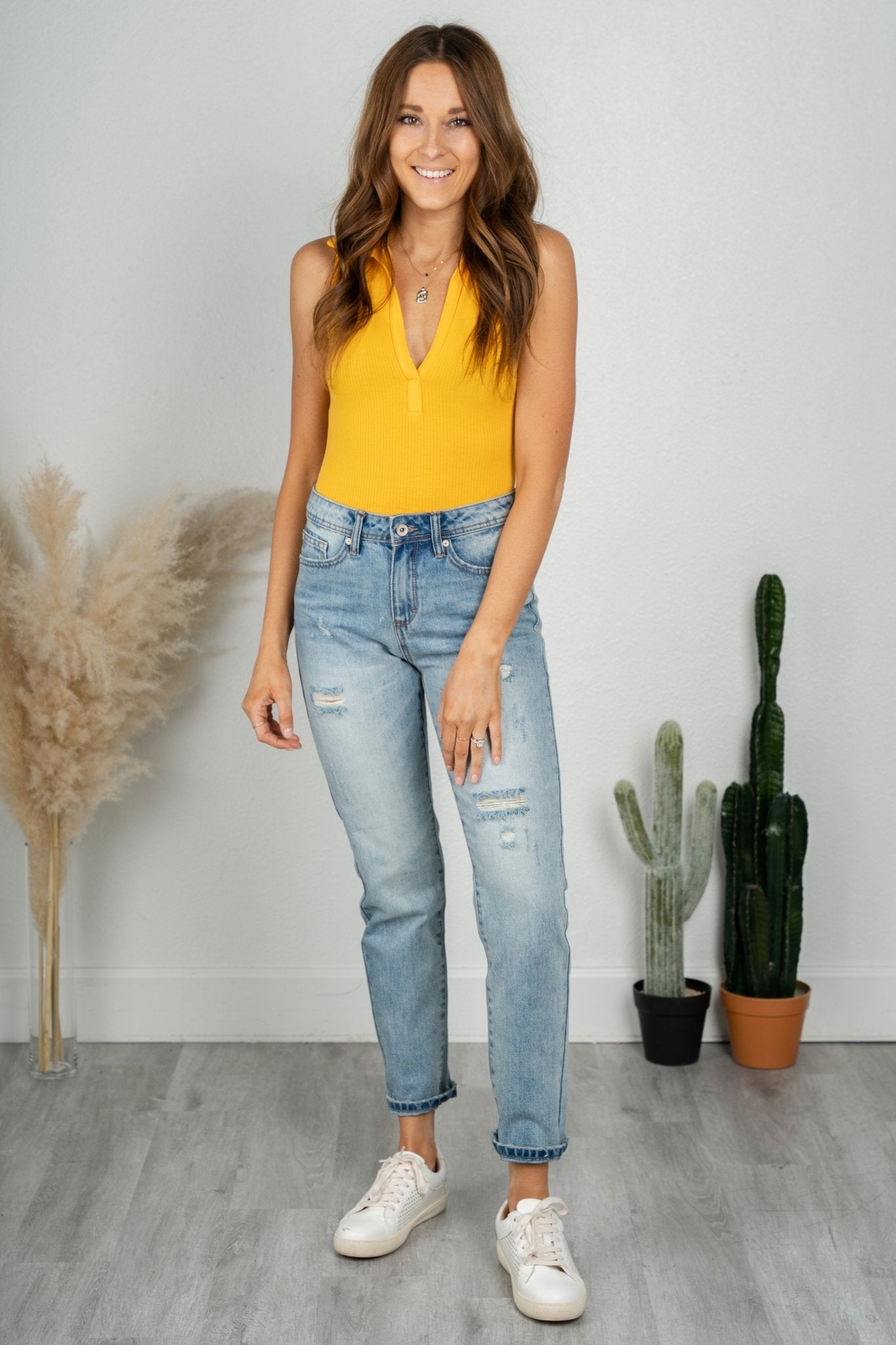 Collared v-neck ribbed bodysuit yellow - Trendy bodysuit - Fashion Bodysuits at Lush Fashion Lounge Boutique in Oklahoma City