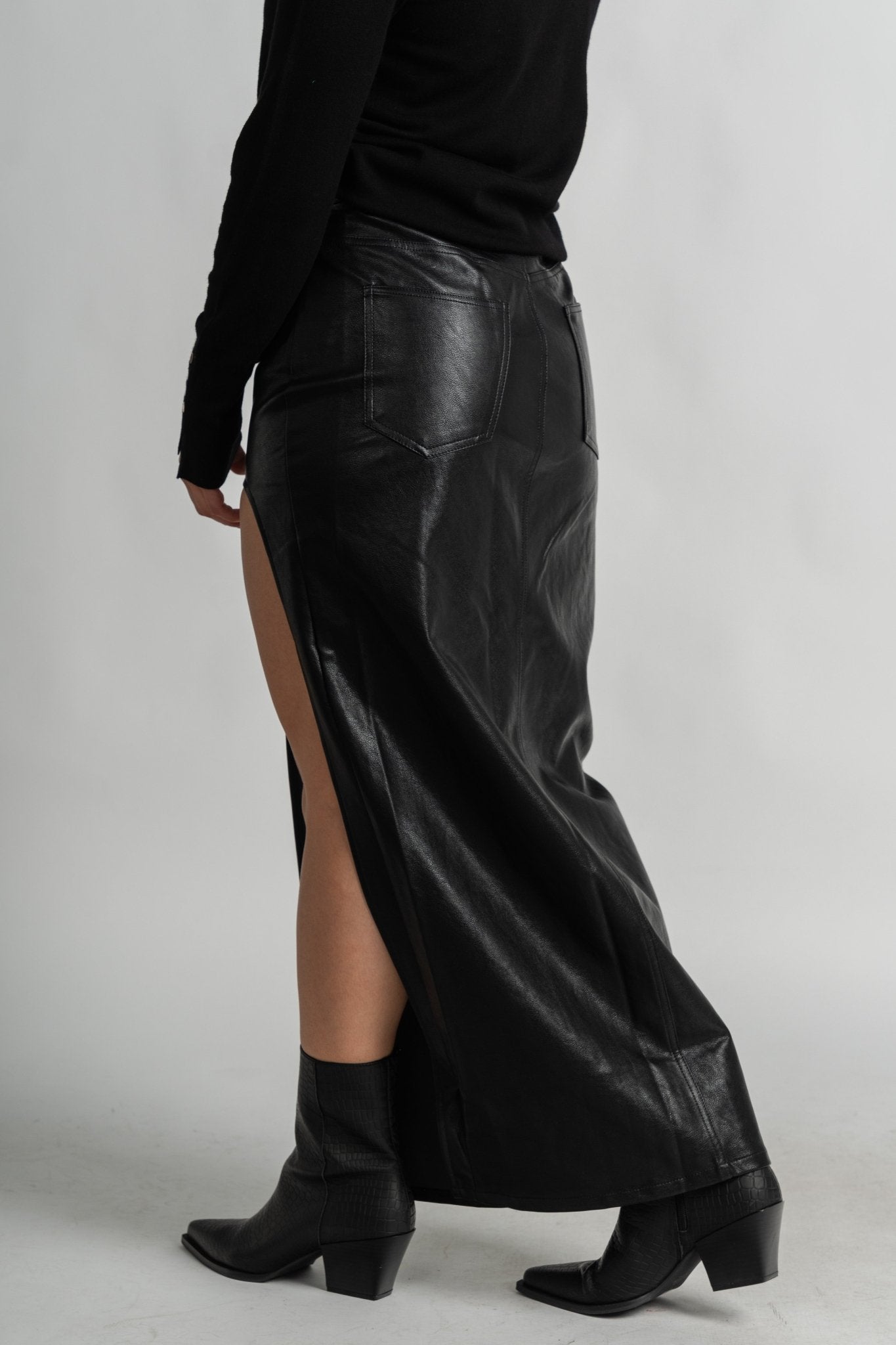 La Boca faux leather midi skirt black | Lush Fashion Lounge: boutique fashion skirts, affordable boutique skirts, cute affordable skirts