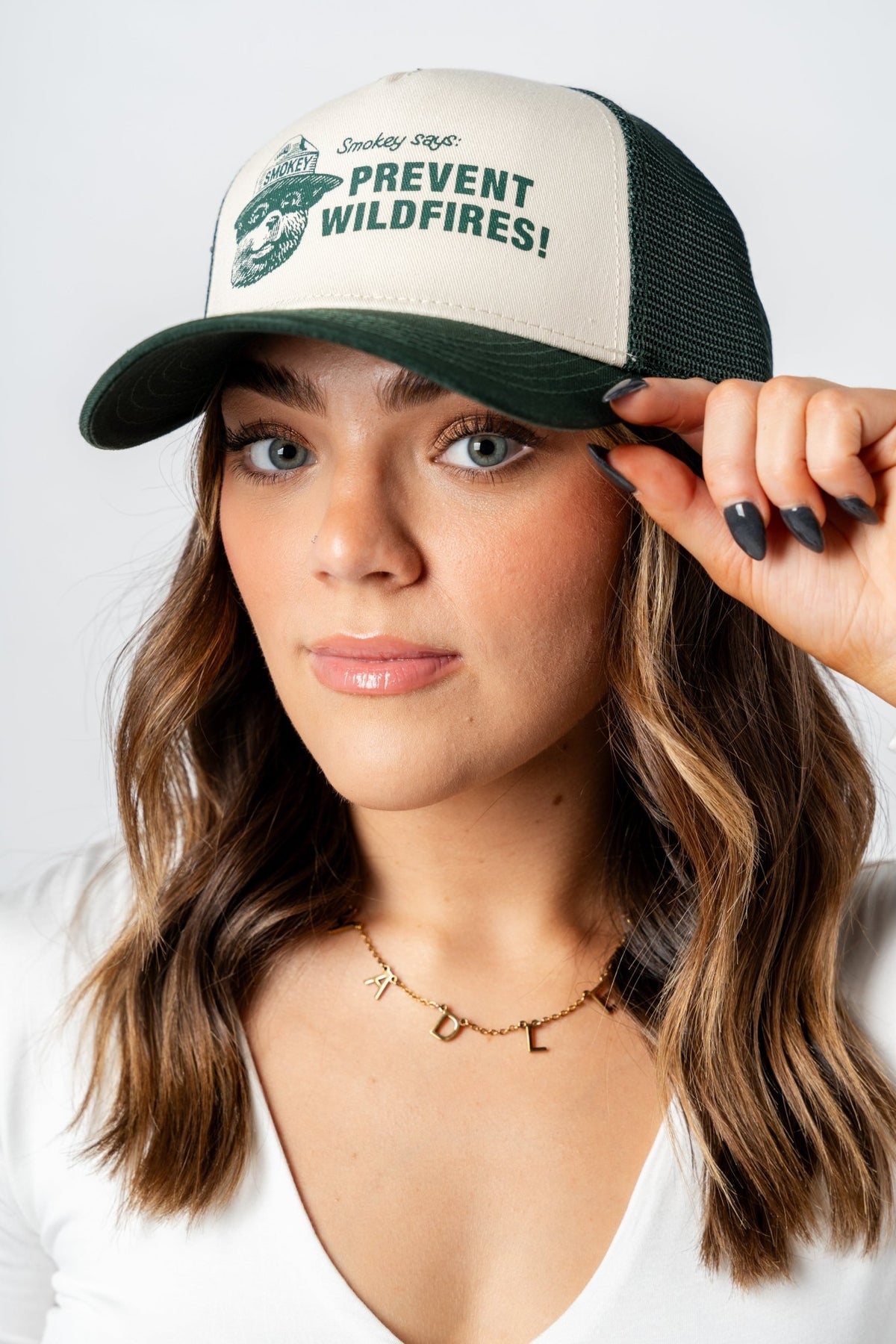 Smokey the bear sinclair trucker hat ivory/green - Trendy Gifts at Lush Fashion Lounge Boutique in Oklahoma City