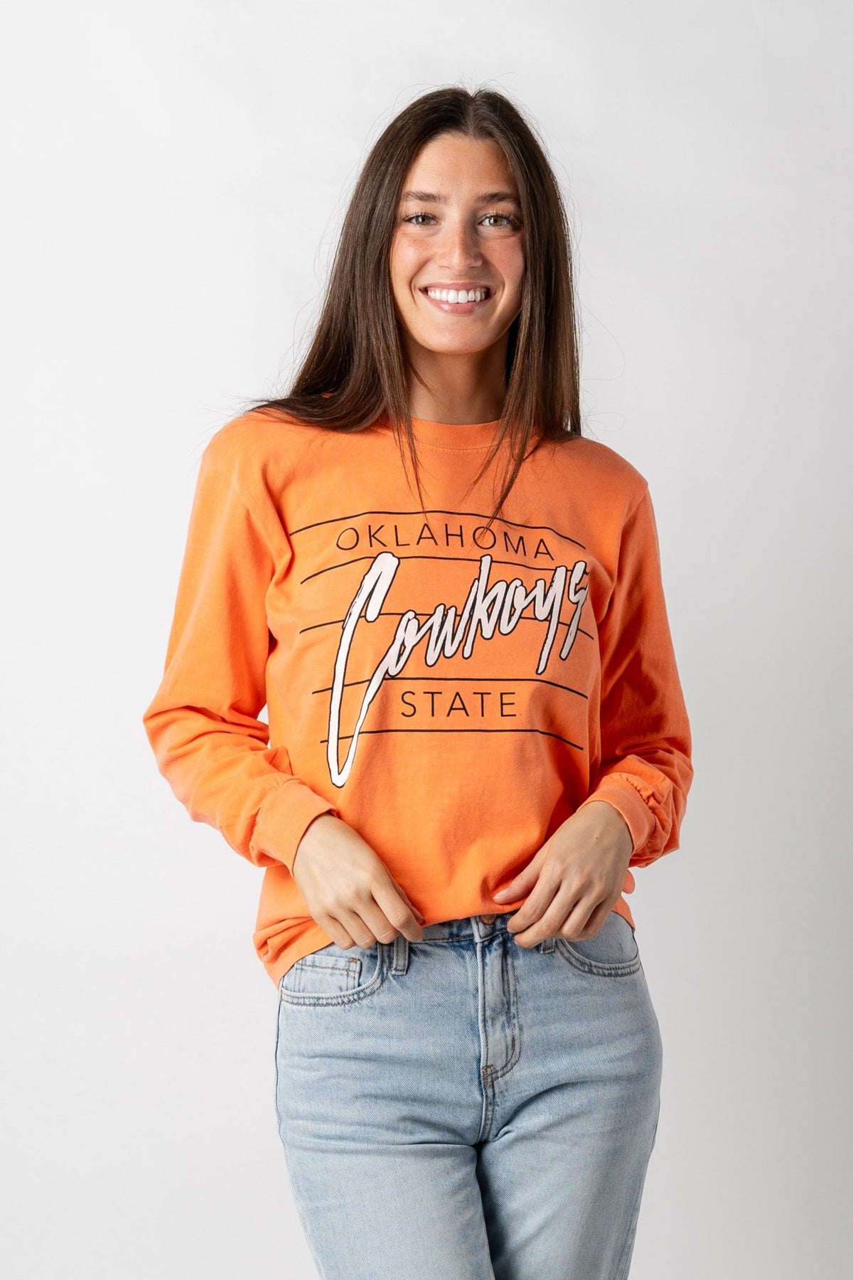 OSU OSU Cowboys diagonal lines long sleeve comfort color t-shirt orange t-shirt | Lush Fashion Lounge Trendy Oklahoma State Cowboys Apparel & Cute Gameday T-Shirts