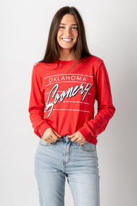 OU OU Sooners diagonal lines long sleeve unisex t-shirt red t-shirt | Lush Fashion Lounge Trendy Oklahoma University Sooners Apparel & Cute Gameday T-Shirts