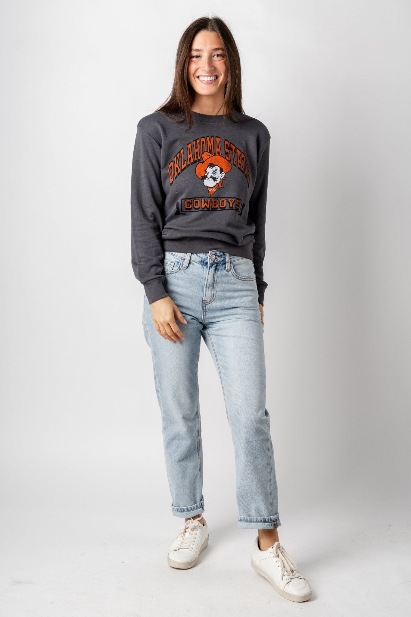 OSU OSU Pete arch crop sweatshirt charcoal sweatshirt | Lush Fashion Lounge Trendy Oklahoma State Cowboys Apparel & Cute Gameday T-Shirts