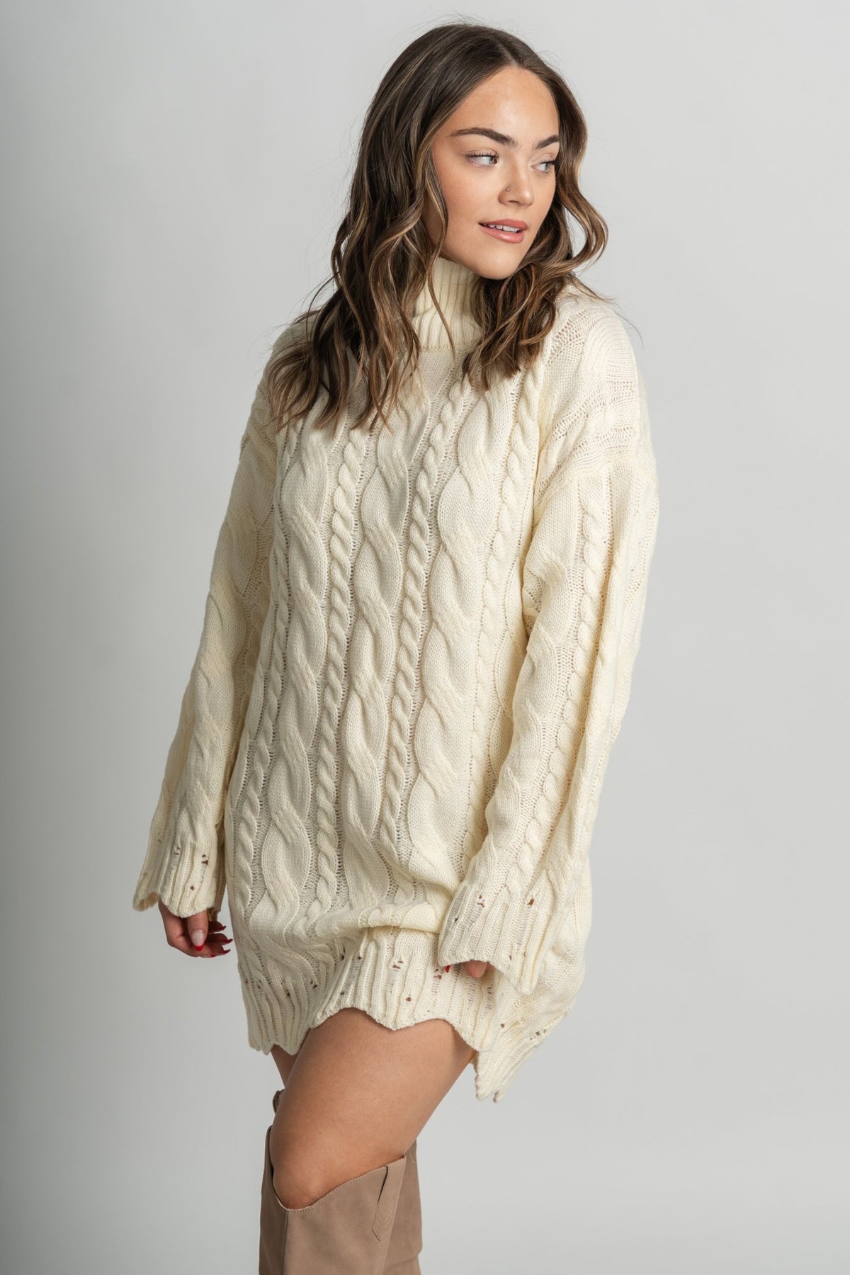 Cable knit sweater dress cream – Boutique Sweaters | Fashionable Sweaters at Lush Fashion Lounge Boutique in Oklahoma City