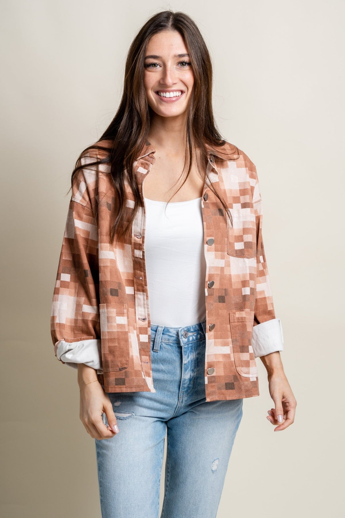 Checkered pocket detail jacket brick - Cute jacket - Trendy Jackets and Blazers at Lush Fashion Lounge Boutique in Oklahoma City