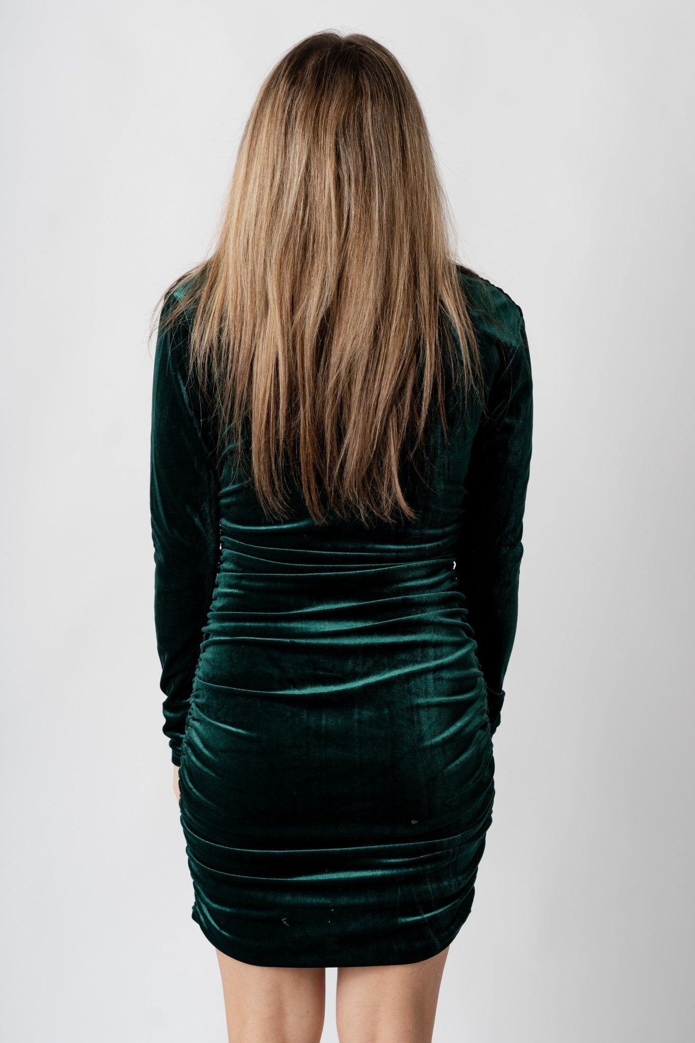 V-neck long sleeve velvet dress dark green - Affordable dress - Boutique Dresses at Lush Fashion Lounge Boutique in Oklahoma City
