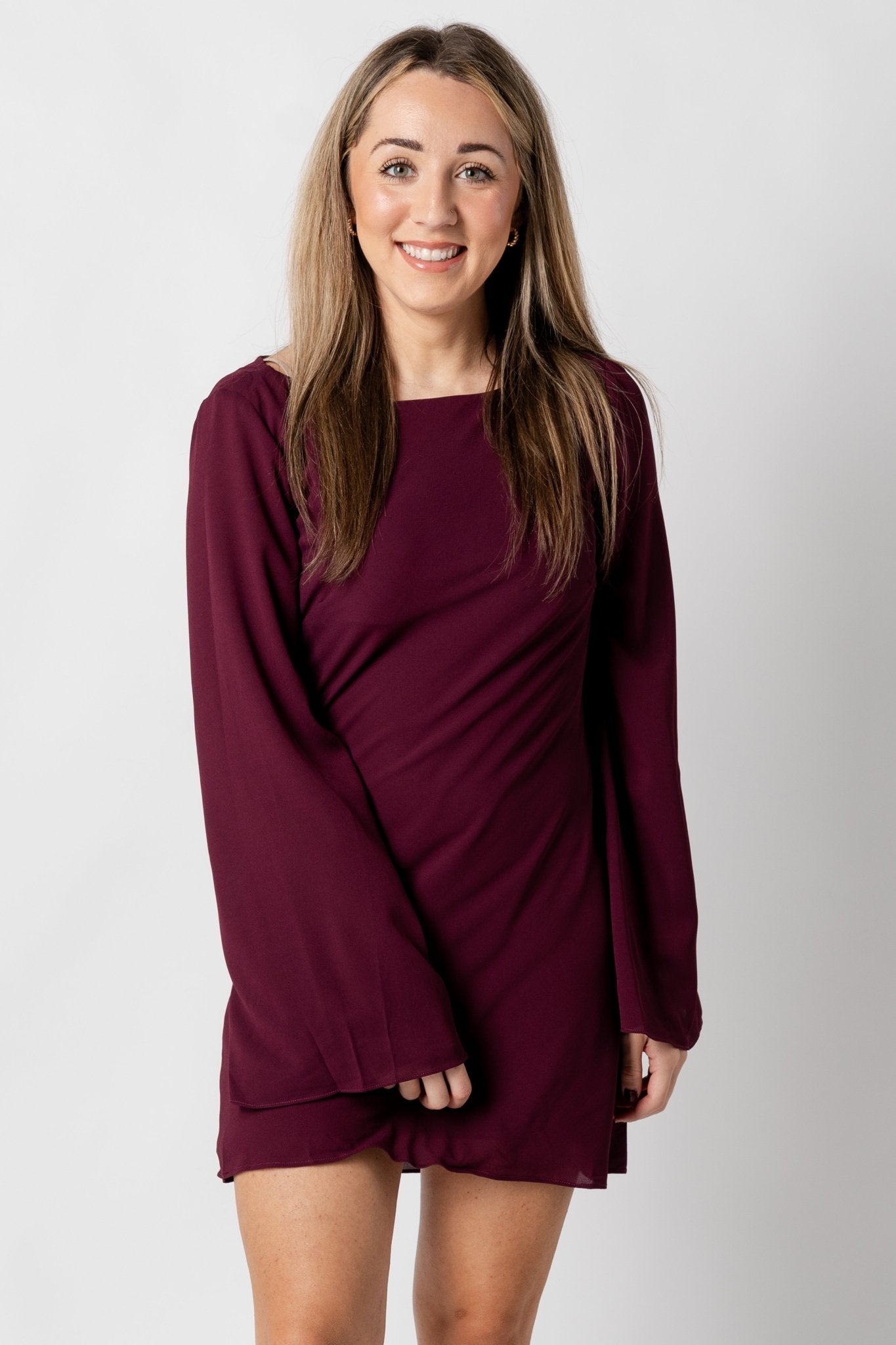 Bell sleeve mini dress wine - Affordable dress - Boutique Dresses at Lush Fashion Lounge Boutique in Oklahoma City