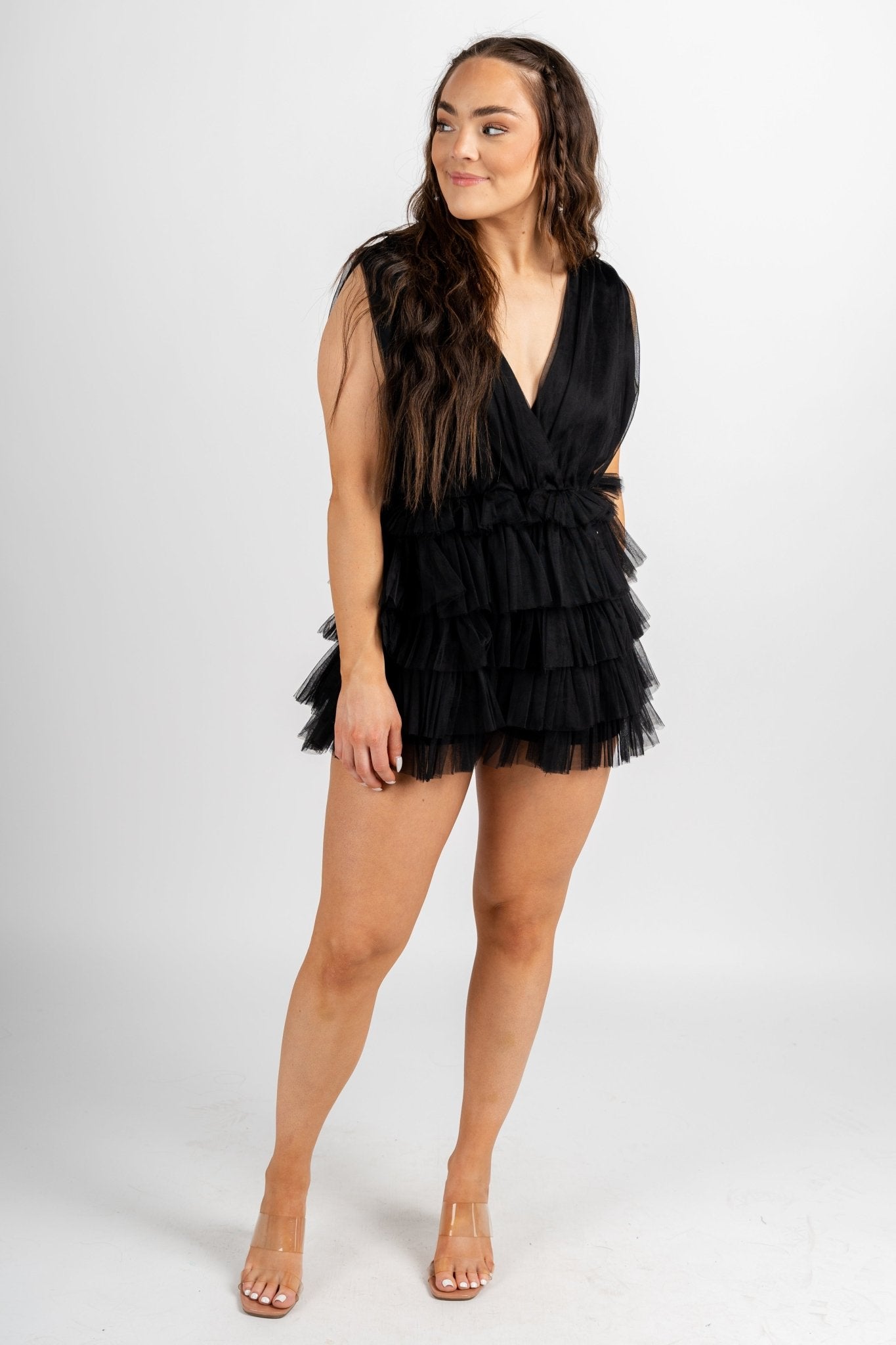 Tulle deep v romper black Stylish Romper - Womens Fashion Rompers & Pantsuits at Lush Fashion Lounge Boutique in Oklahoma City
