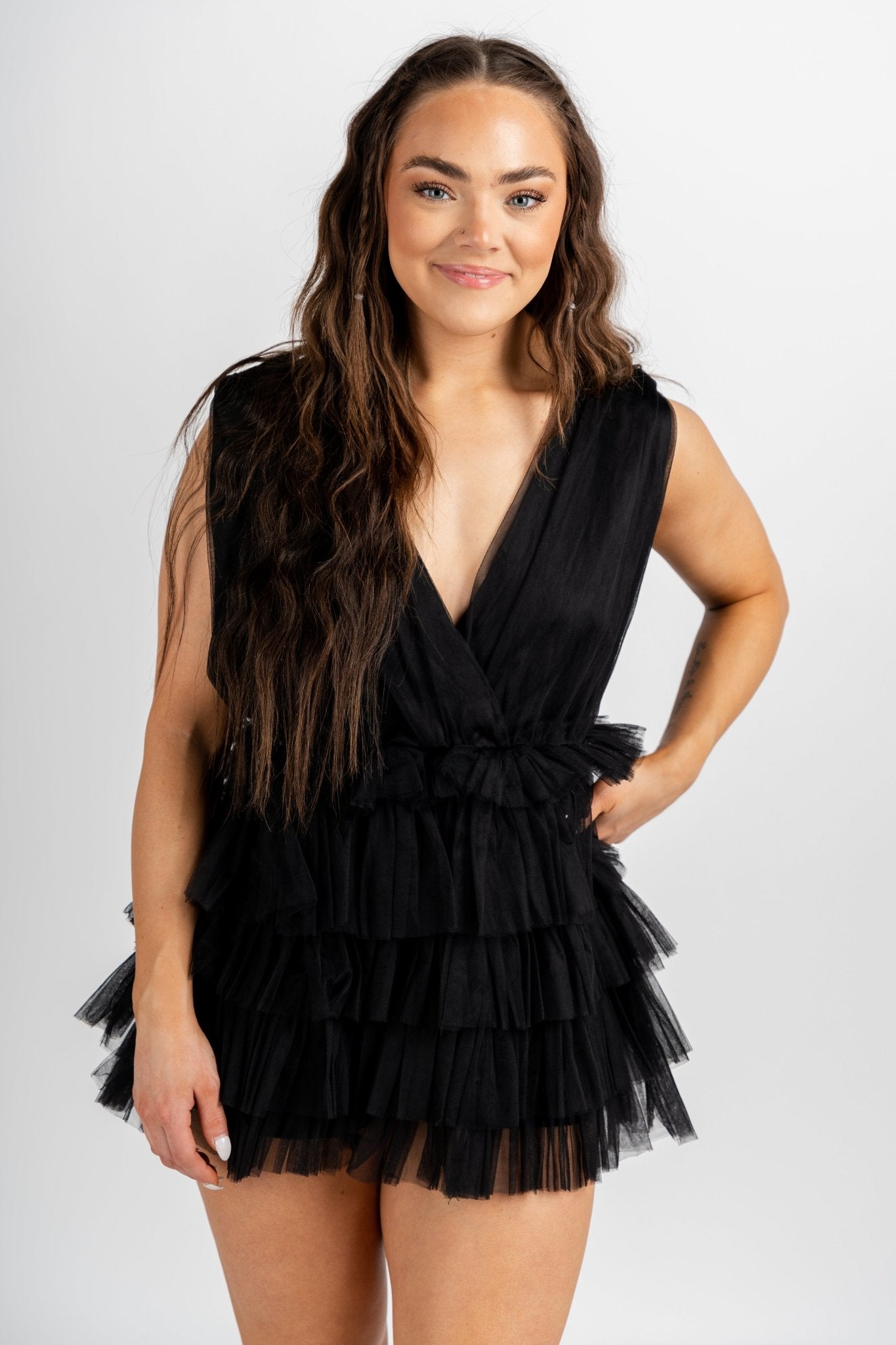 Tulle deep v romper black - Affordable Romper - Boutique Rompers & Pantsuits at Lush Fashion Lounge Boutique in Oklahoma City