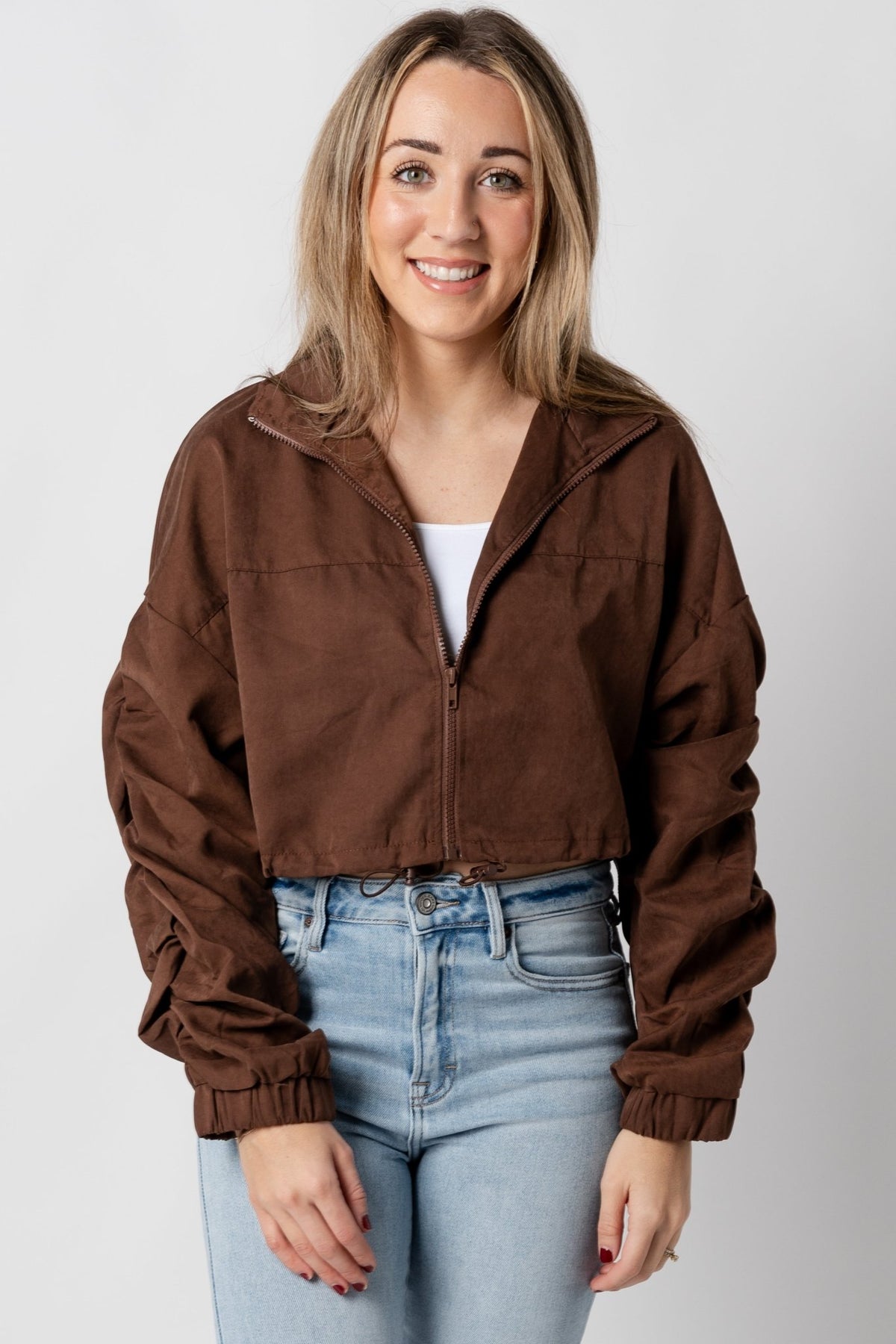 Drawstring crop jacket brown – Trendy Jackets | Cute Fashion Blazers at Lush Fashion Lounge Boutique in Oklahoma City