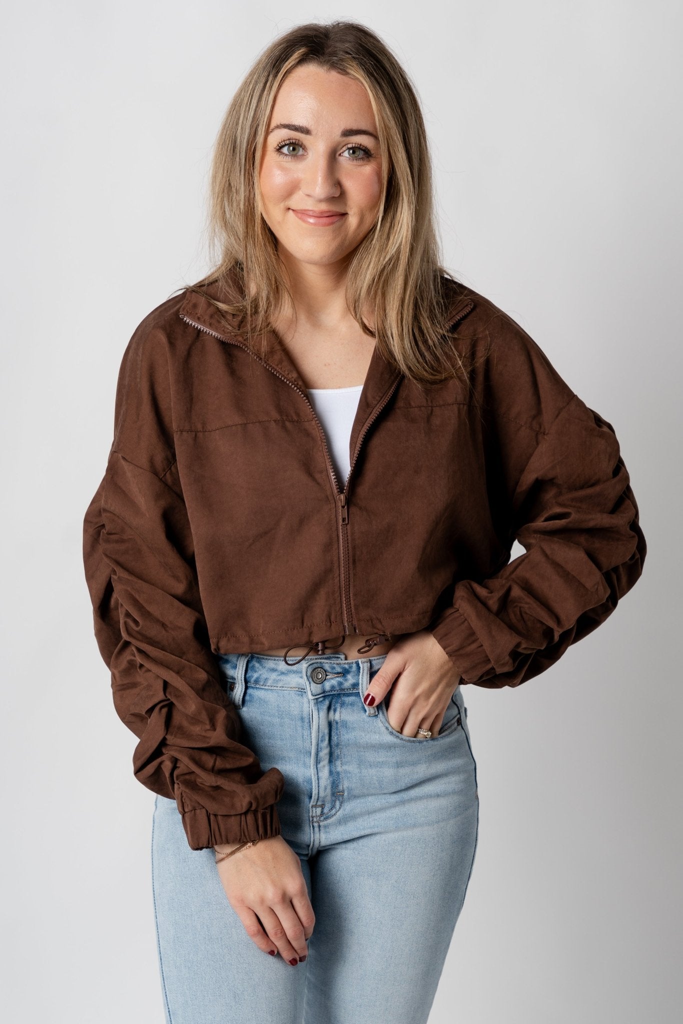 Drawstring crop jacket brown – Affordable Blazers | Cute Black Jackets at Lush Fashion Lounge Boutique in Oklahoma City