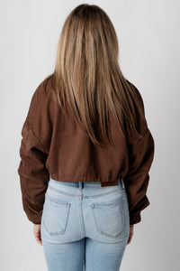 Drawstring crop jacket brown – Unique Blazers | Cute Blazers For Women at Lush Fashion Lounge Boutique in Oklahoma City