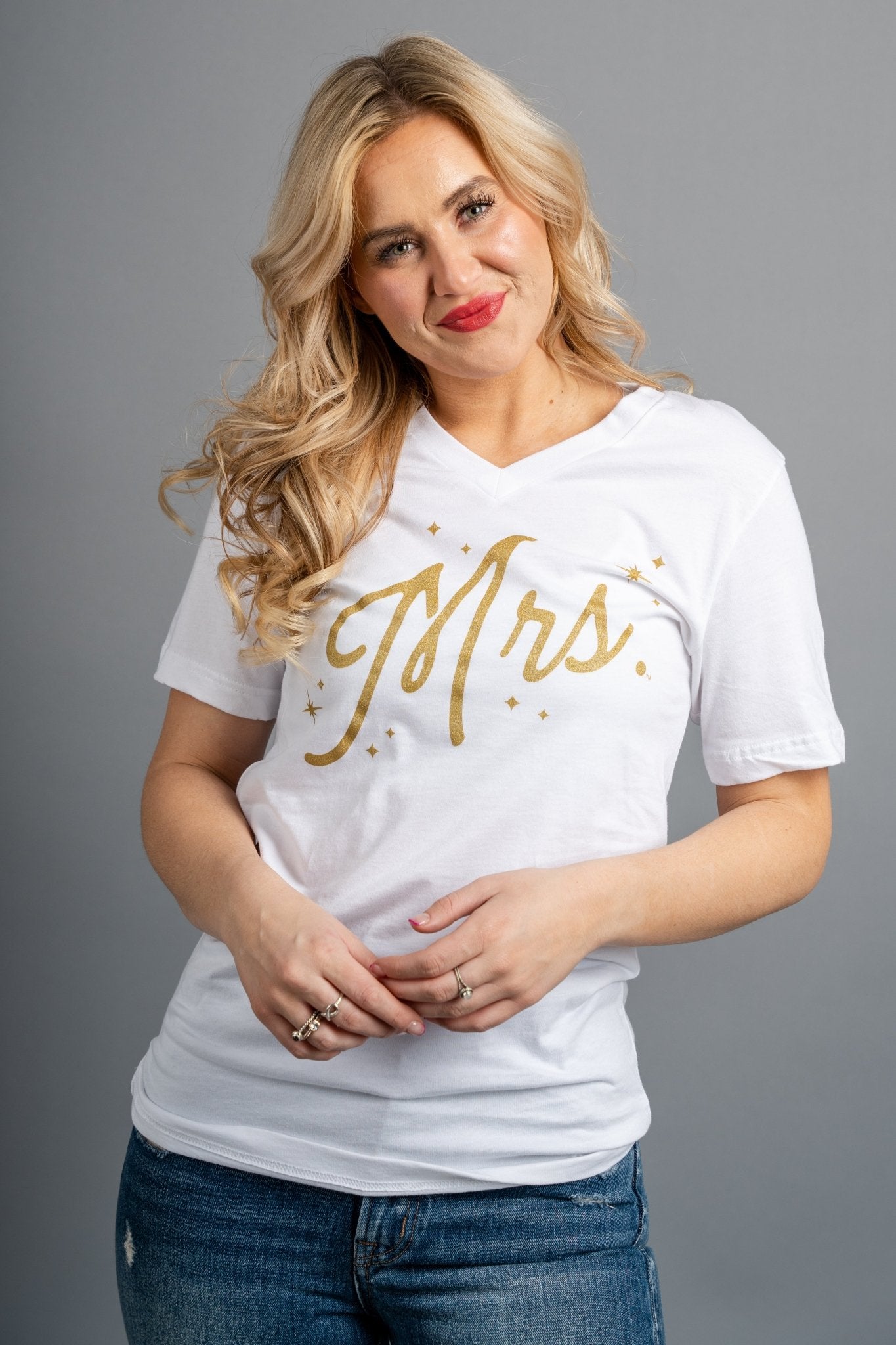 Mrs Script v-neck short sleeve t-shirt white - Trendy t-shirt - Cute Graphic Tee Fashion at Lush Fashion Lounge Boutique in Oklahoma