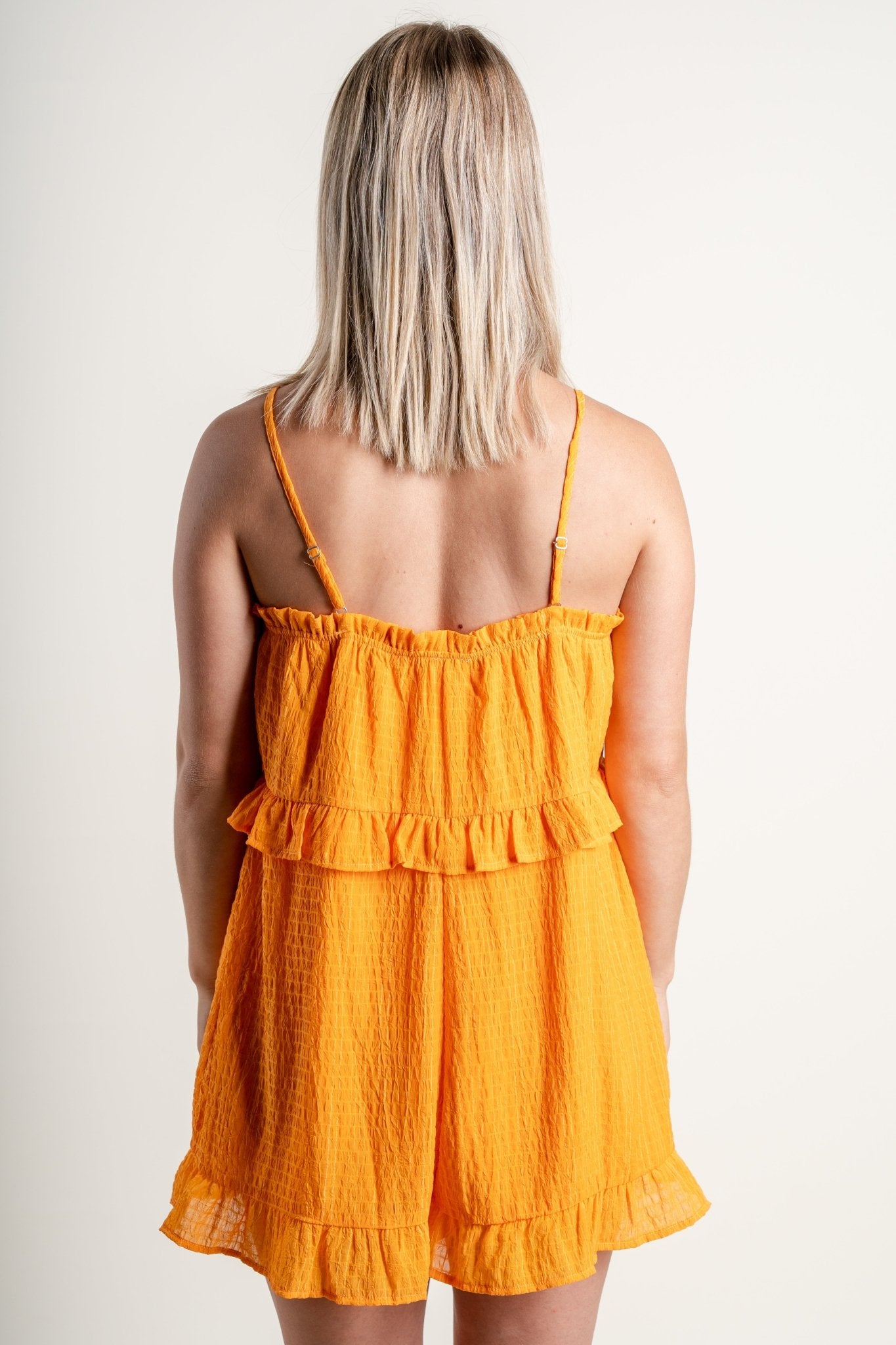 Ruffle detail romper orange - Affordable Romper - Boutique Rompers & Pantsuits at Lush Fashion Lounge Boutique in Oklahoma City