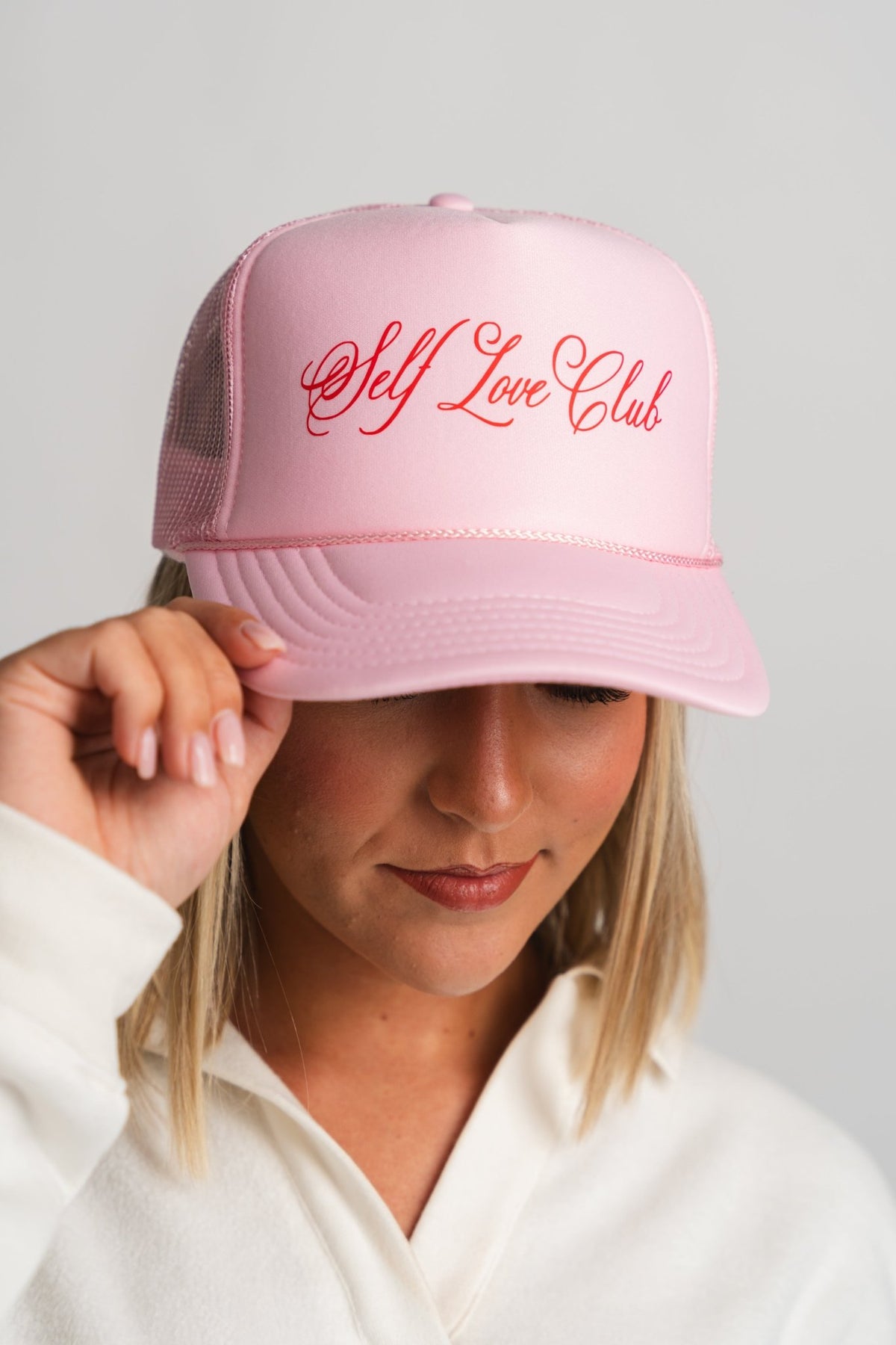 Self love club trucker hat light pink - Trendy T-Shirts for Valentine's Day at Lush Fashion Lounge Boutique in Oklahoma City