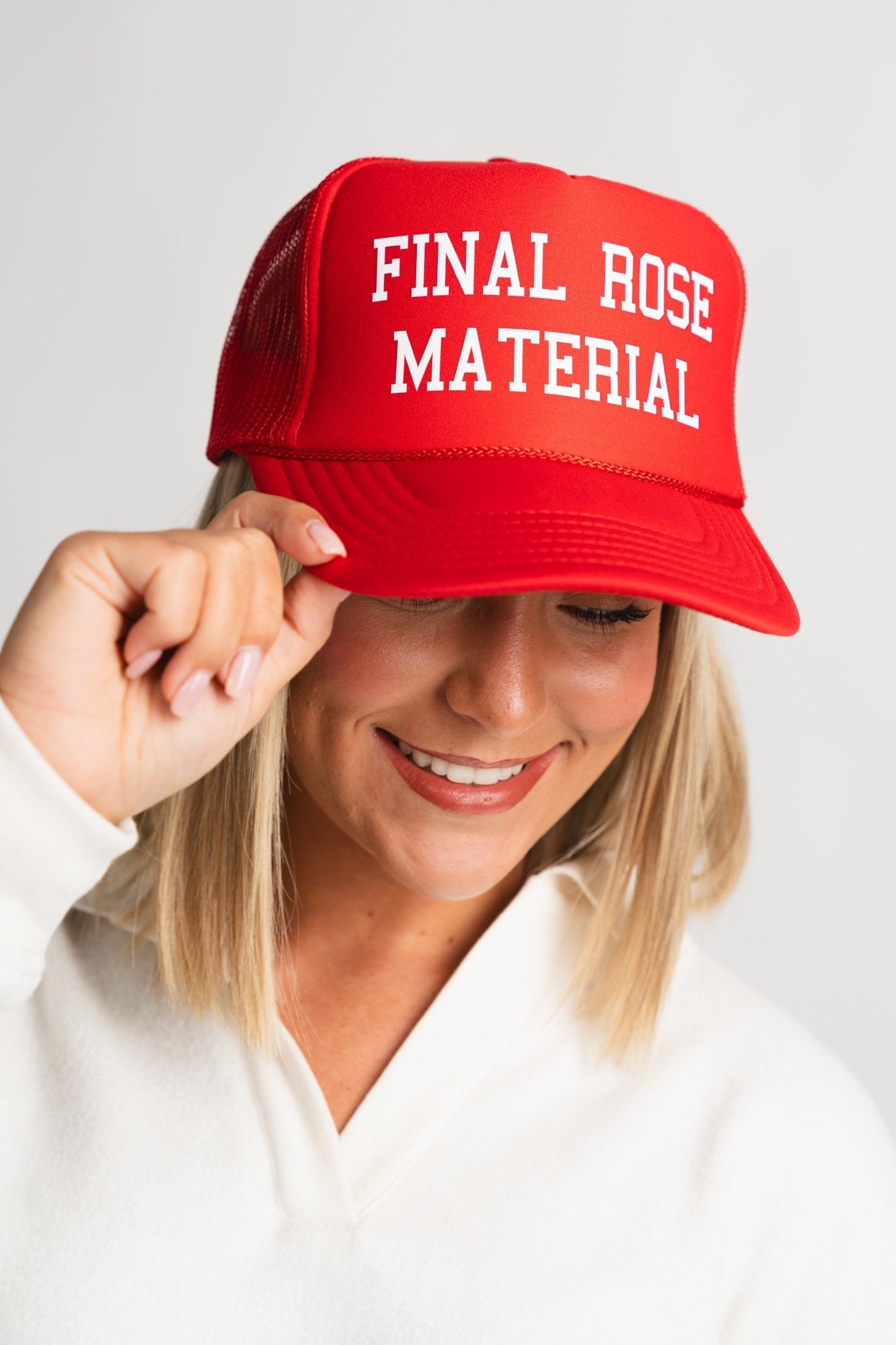 Final rose material trucker hat red - Trendy Valentine's T-Shirts at Lush Fashion Lounge Boutique in Oklahoma City